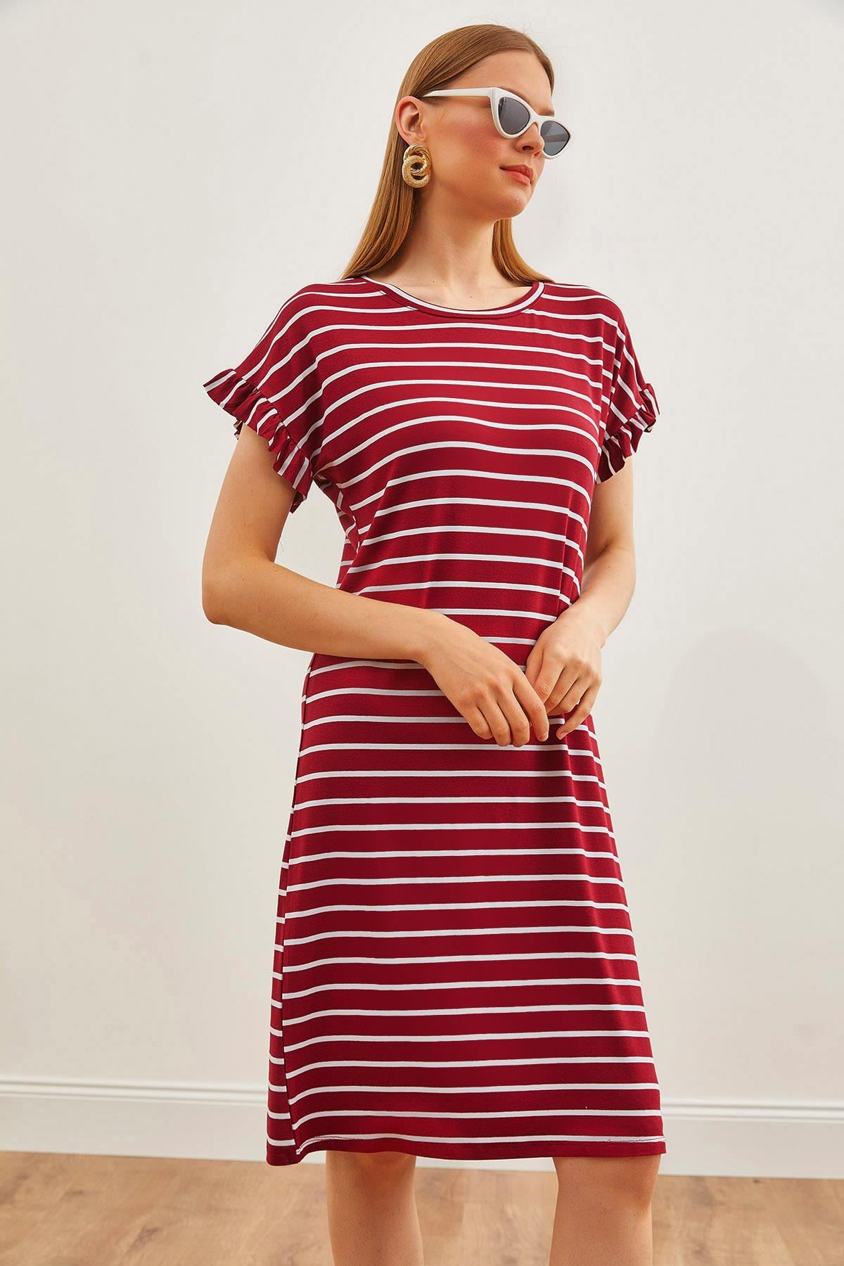 Kolu Fırfırlı Örme Viskon Mini Elbise Bordo Çizgili