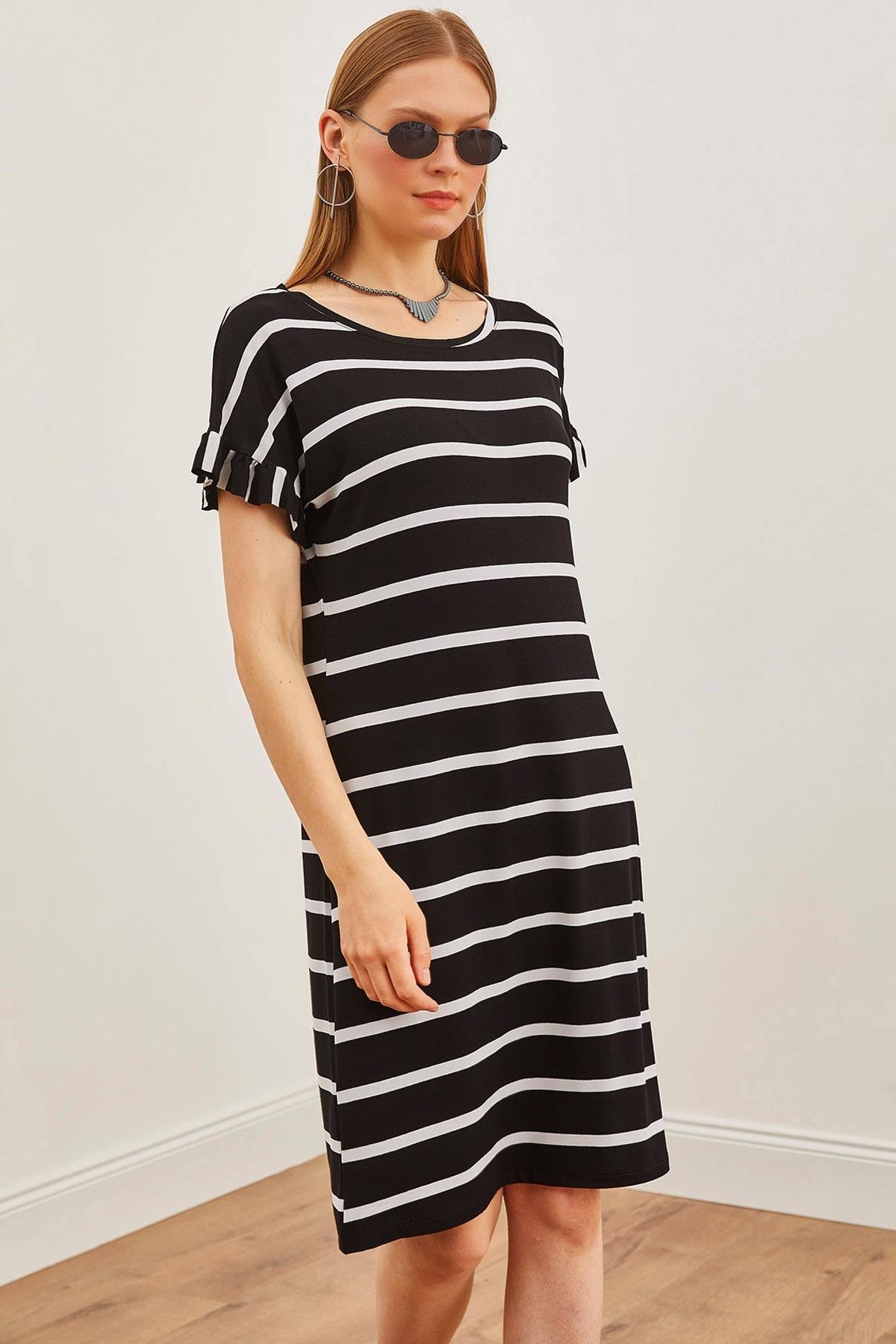 Kolu Fırfırlı Örme Viskon Mini Elbise Siyah Çizgili