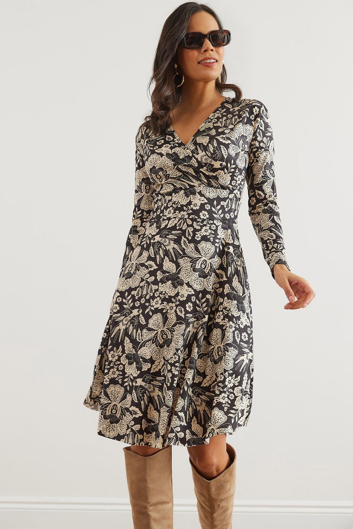 Kruvaze Örme Elbise Kuş Siyah