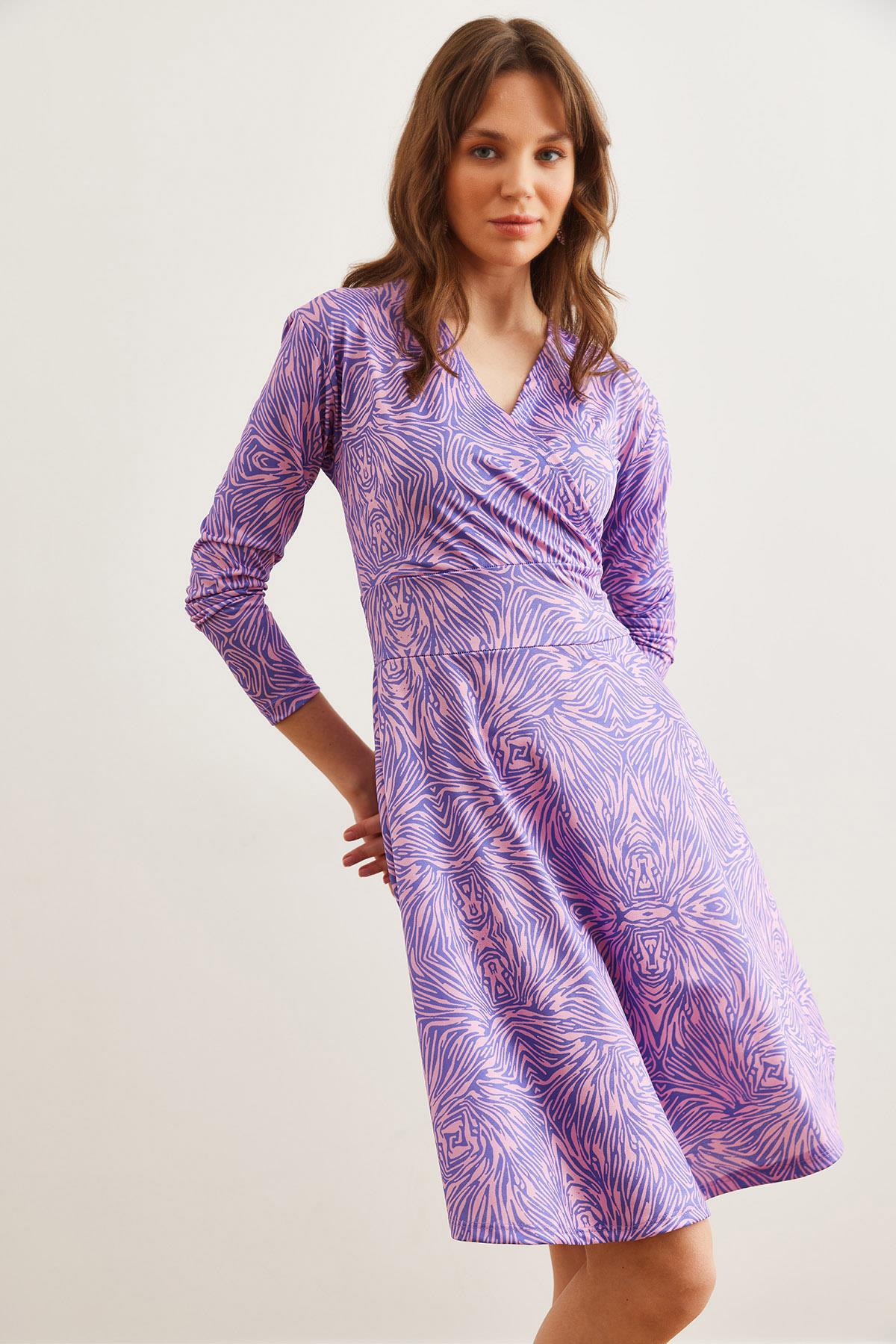 Kruvaze Örme Elbise Mor Pudra