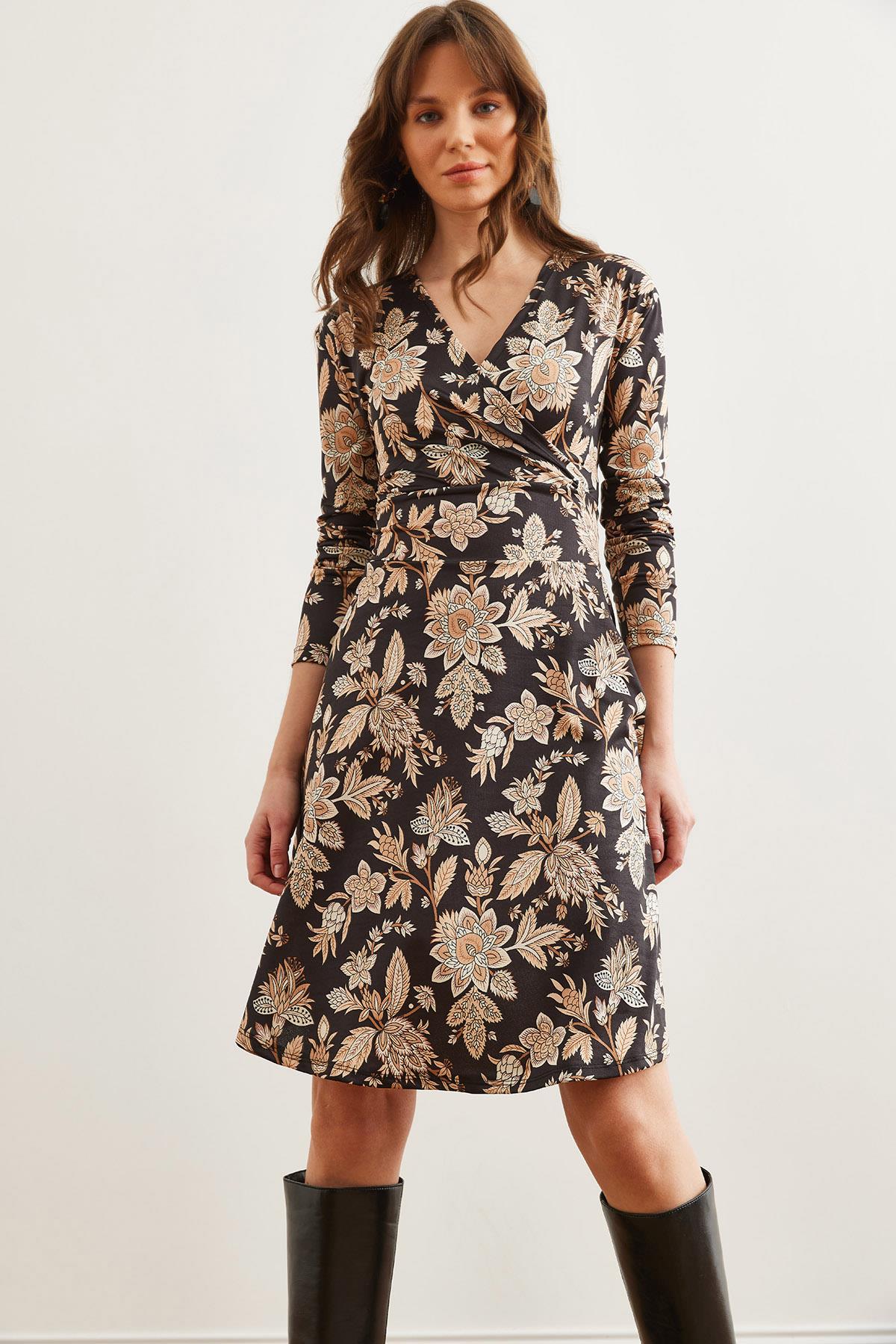 Kruvaze Örme Elbise Siyah Bej