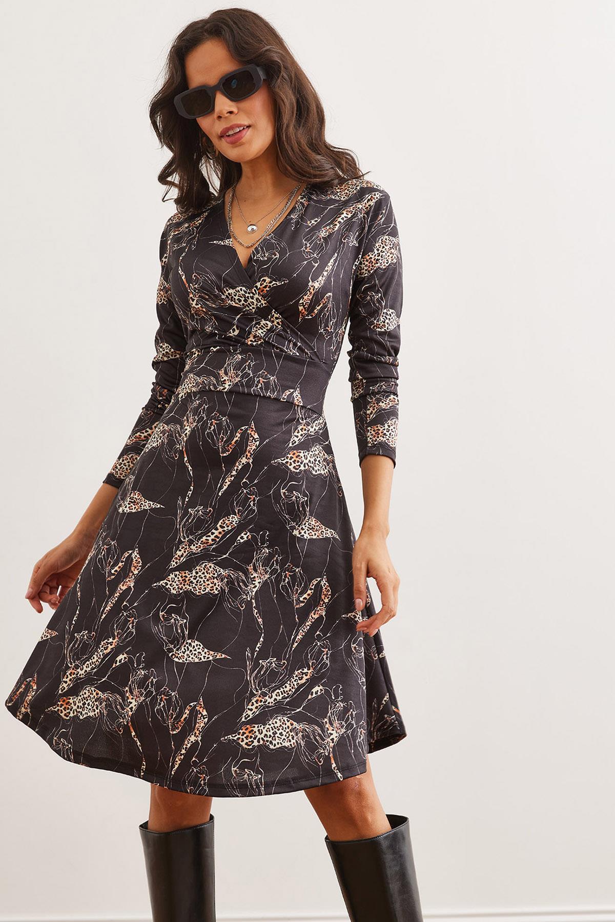 Kruvaze Örme Elbise Siyah Leopar