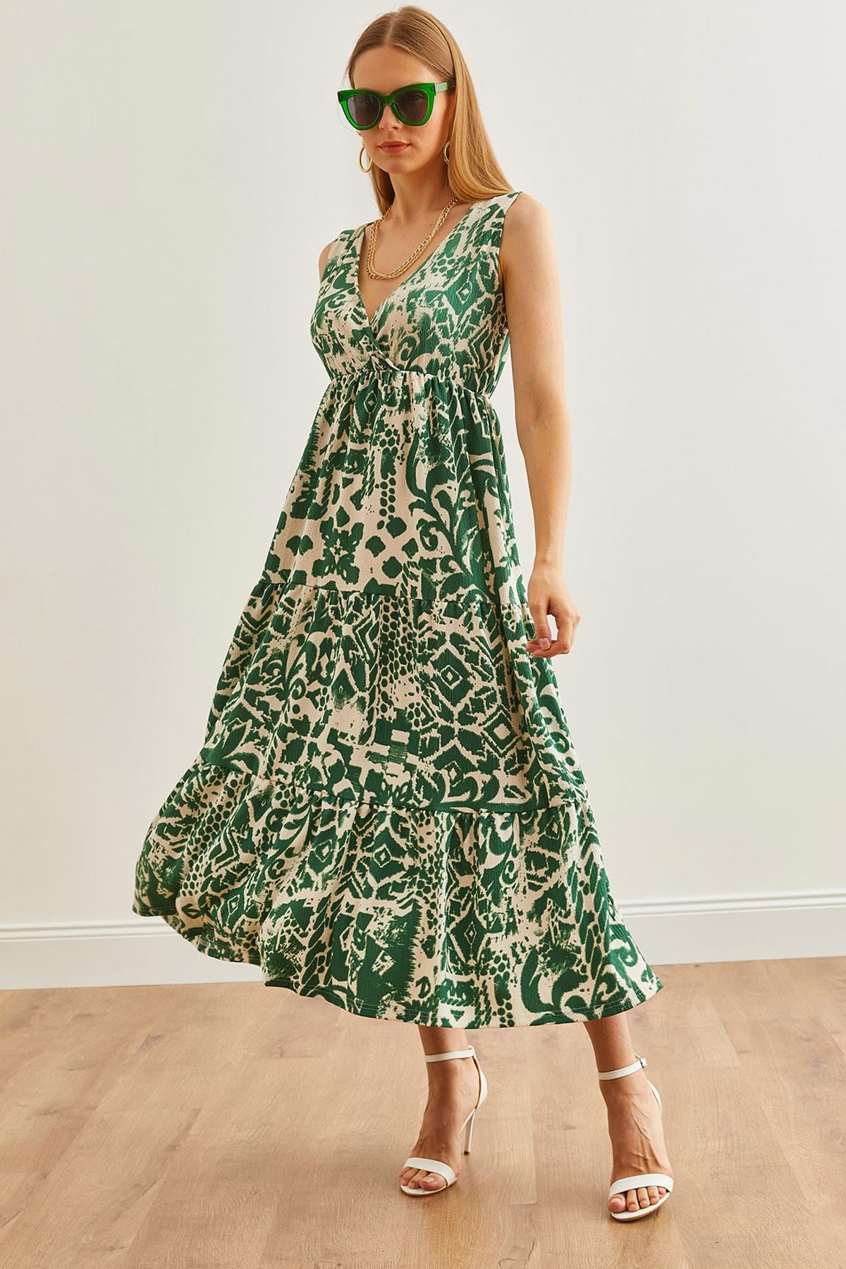 Kruvaze Yaka Desenli Maxi Örme Elbise Geometrik Yeşil