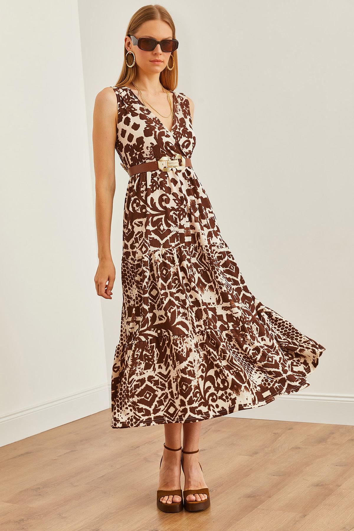 Kruvaze Yaka Desenli Maxi Örme Elbise Geometrik Kahve