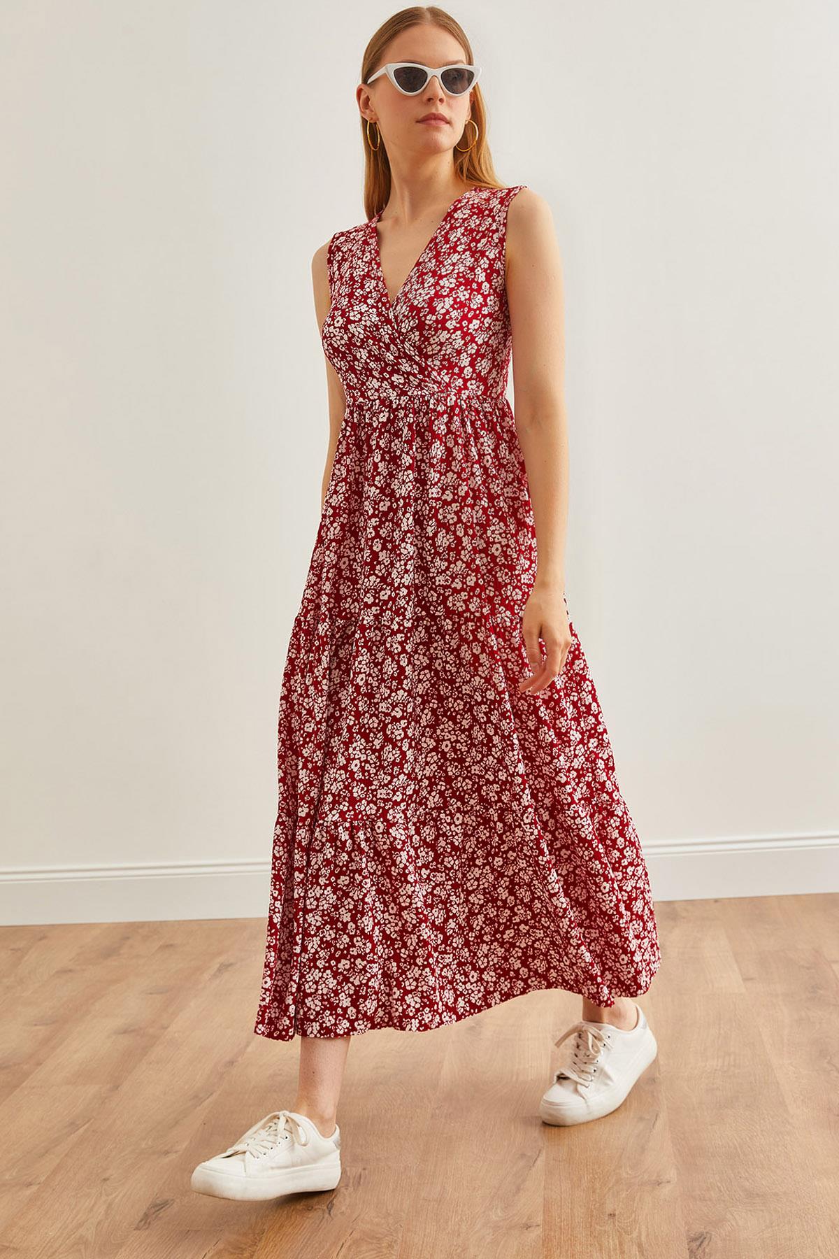 Kruvaze Yaka Desenli Maxi Örme Elbise Papatya Kırmızı