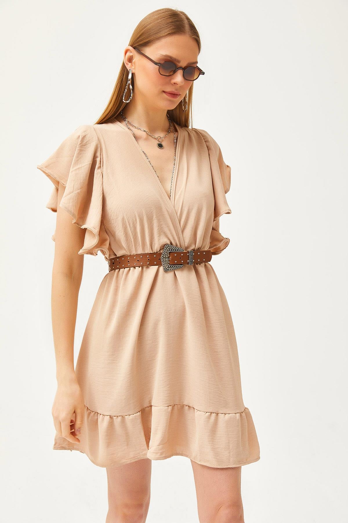 Kruvaze Yaka Kol Detaylı Mini Dökümlü Elbise Camel