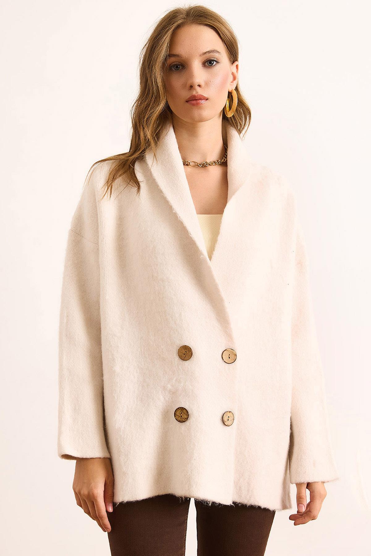 Kruvaze Yaka Oversize Şardonlu Triko Hırka Ekru