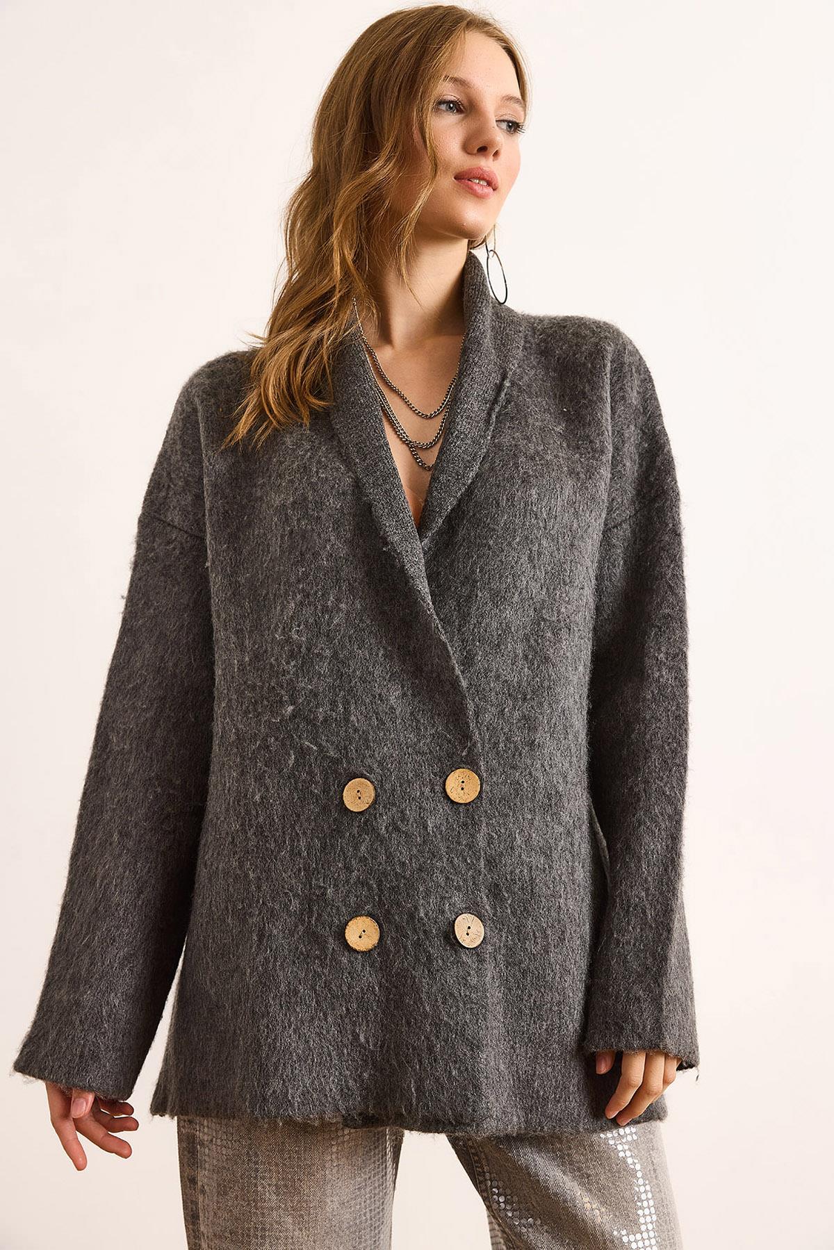 Kruvaze Yaka Oversize Şardonlu Triko Hırka Füme