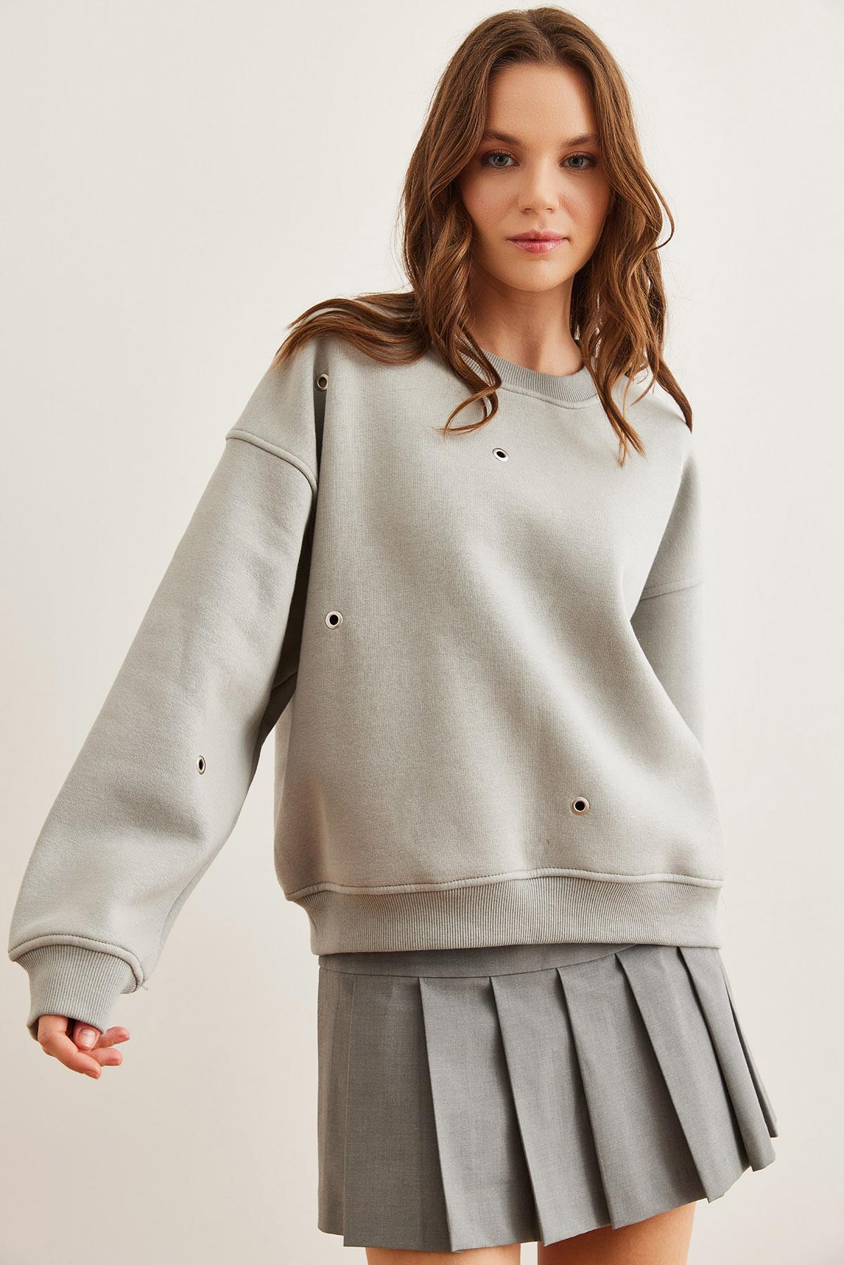Kuş Gözü Detaylı Şardonlu Premium Sweatshirt Yunus Gri