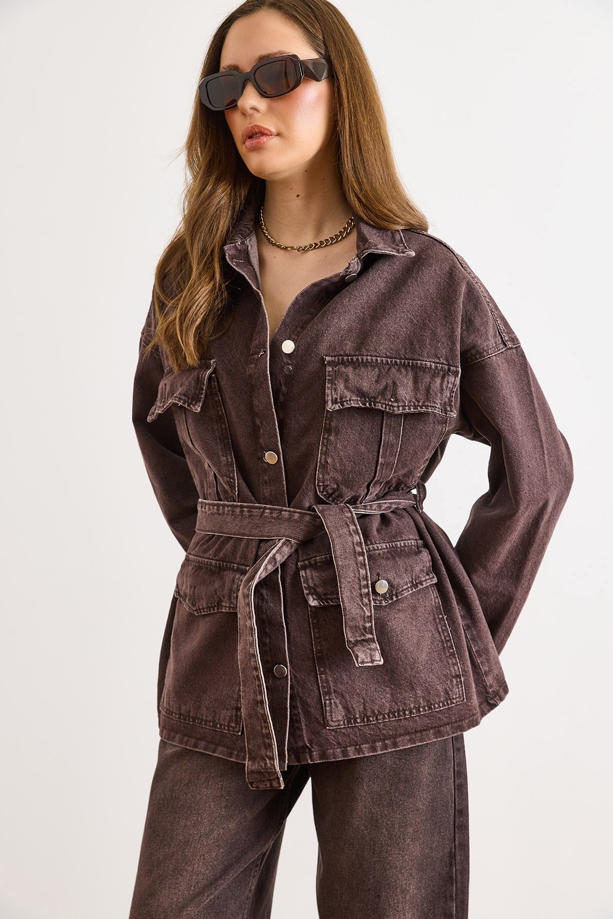 Kuşaklı 4 Cepli Denim Ceket Kahverengi