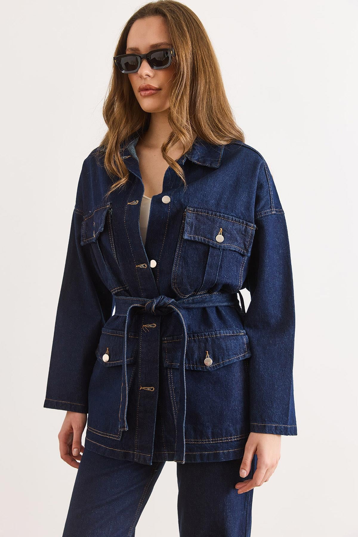 Kuşaklı 4 Cepli Denim Ceket Lacivert