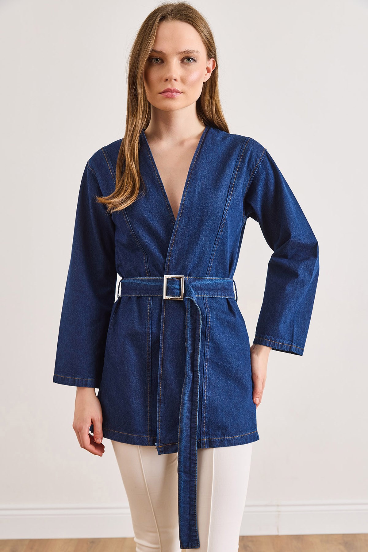 Kuşaklı Mevsimlik Denim Ceket Koyu Mavi