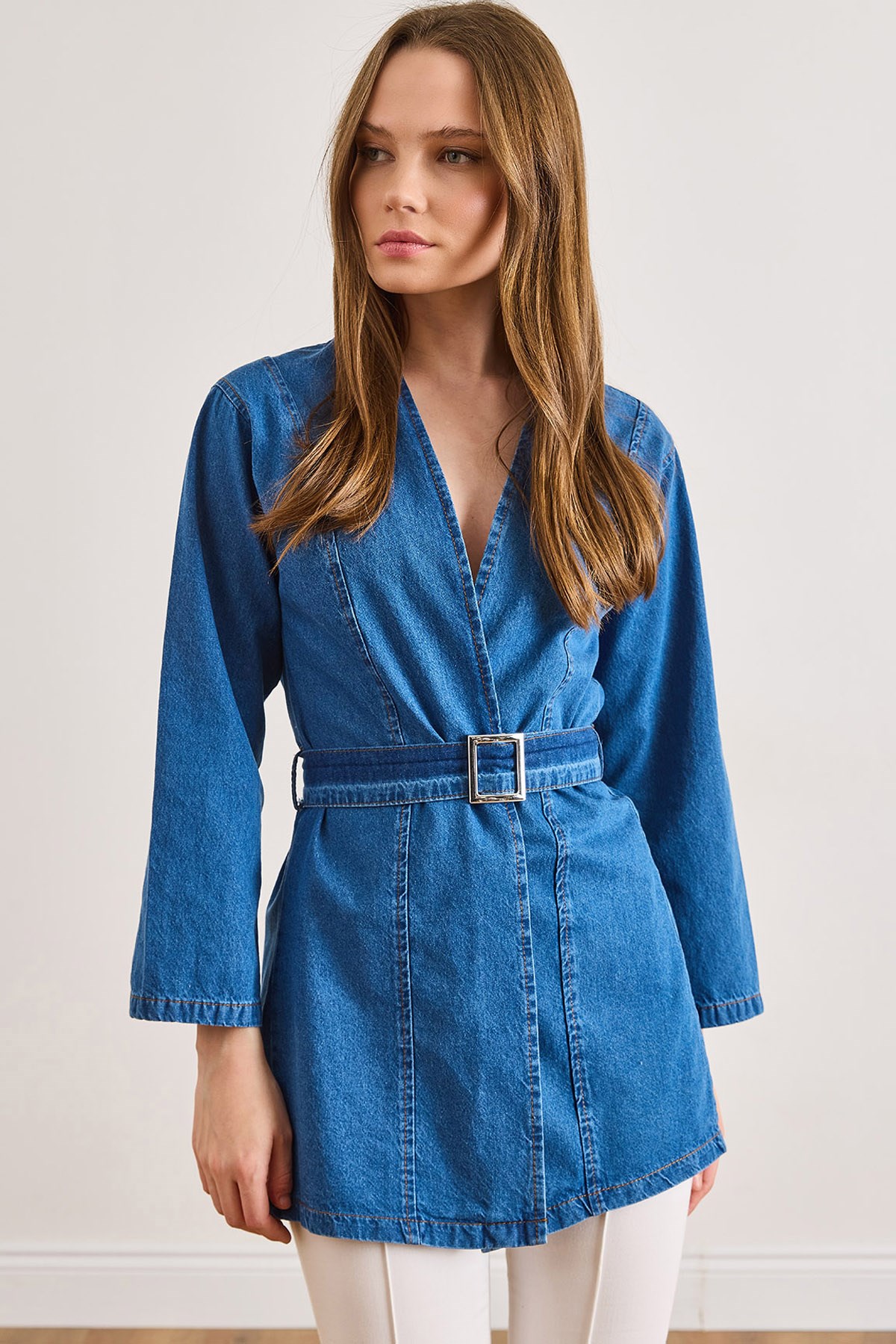 Kuşaklı Mevsimlik Denim Ceket Orta Mavi