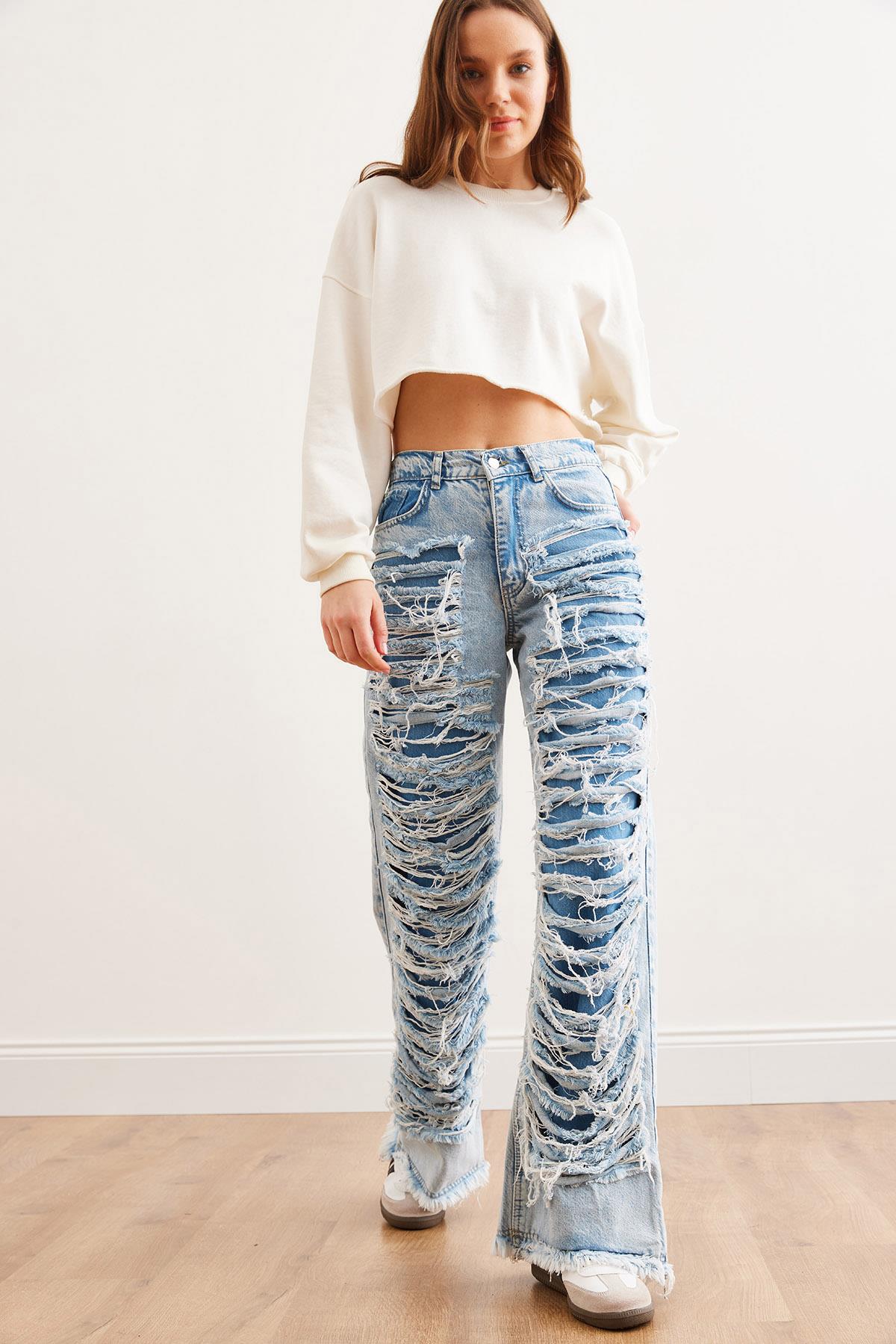 Lazer Detaylı Cepli Sırtı Lastikli Wide Leg Denim Jean Mavi