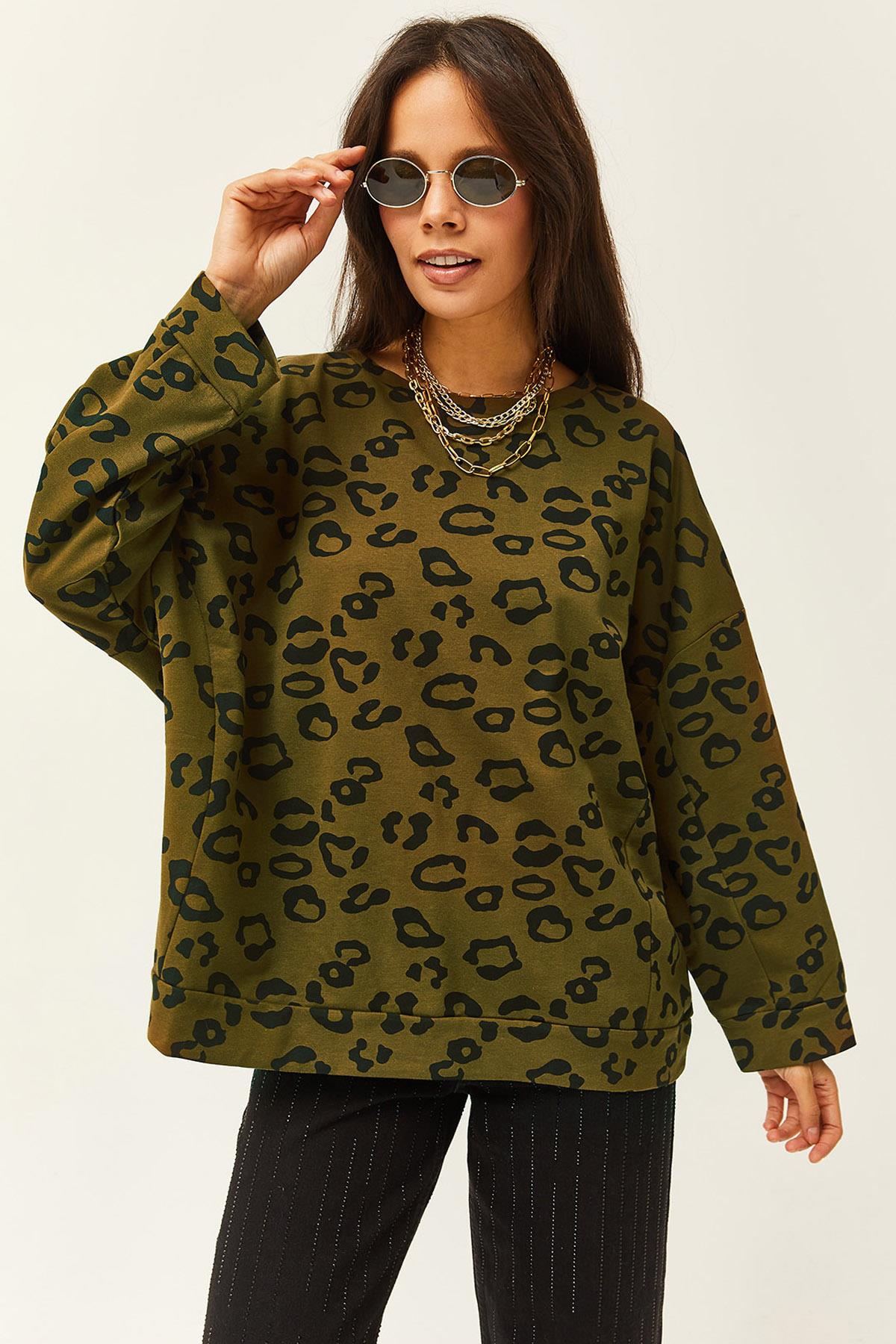 Leopar Desenli Oversize Sweatshirt Haki