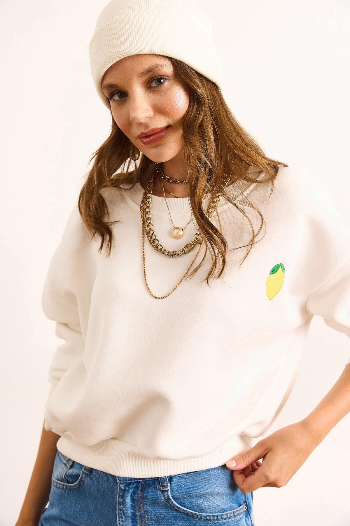 Limon Nakışlı İçi Polarlı Crop Kalın Sweatshirt Ekru