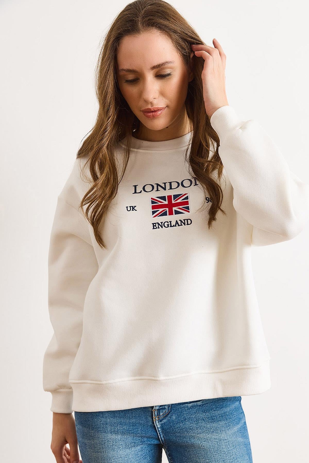 London Nakışlı Şardonlu Kalın Sweatshirt Beyaz