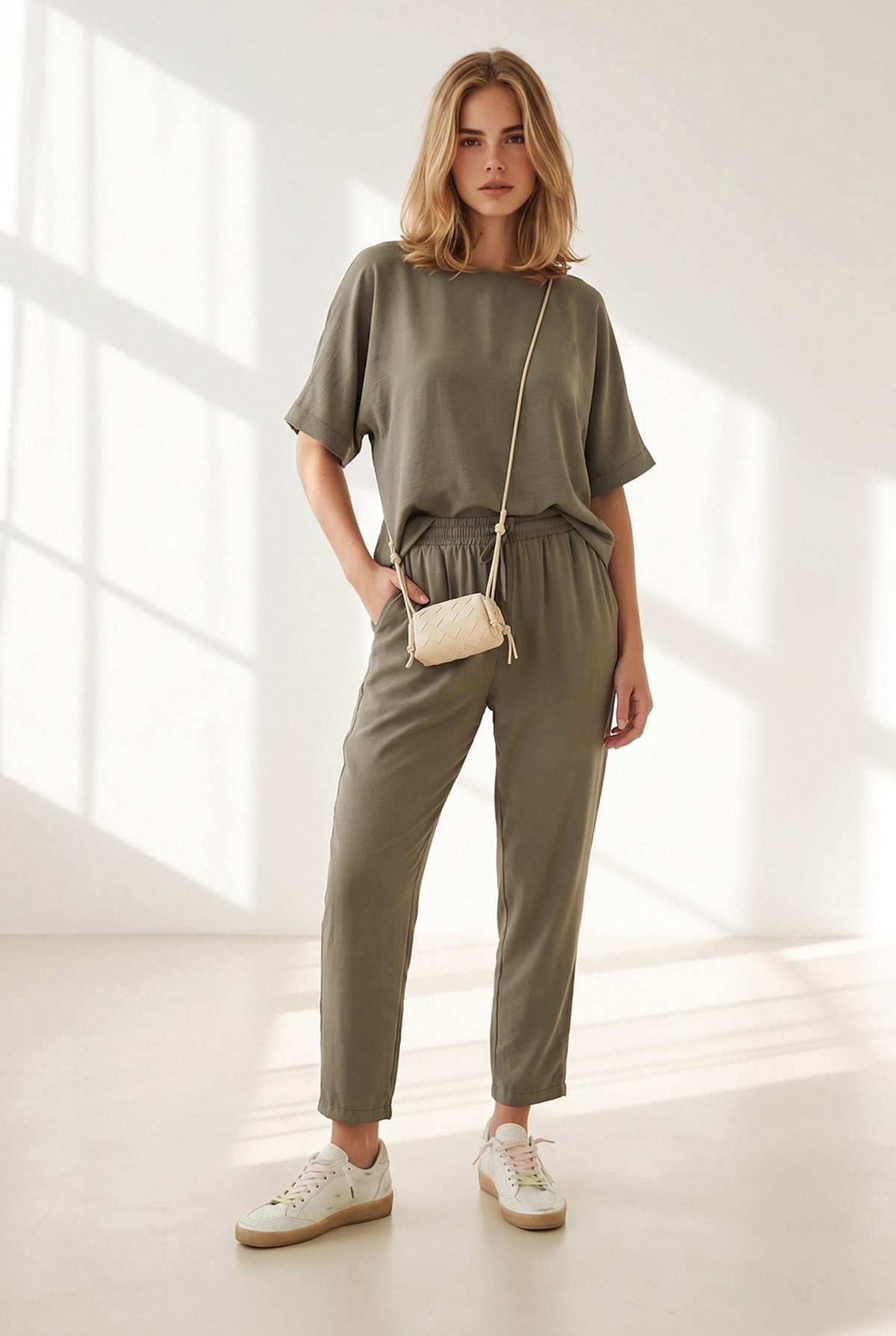 Loose Fit Alt Üst Dokuma Modal Takım Haki