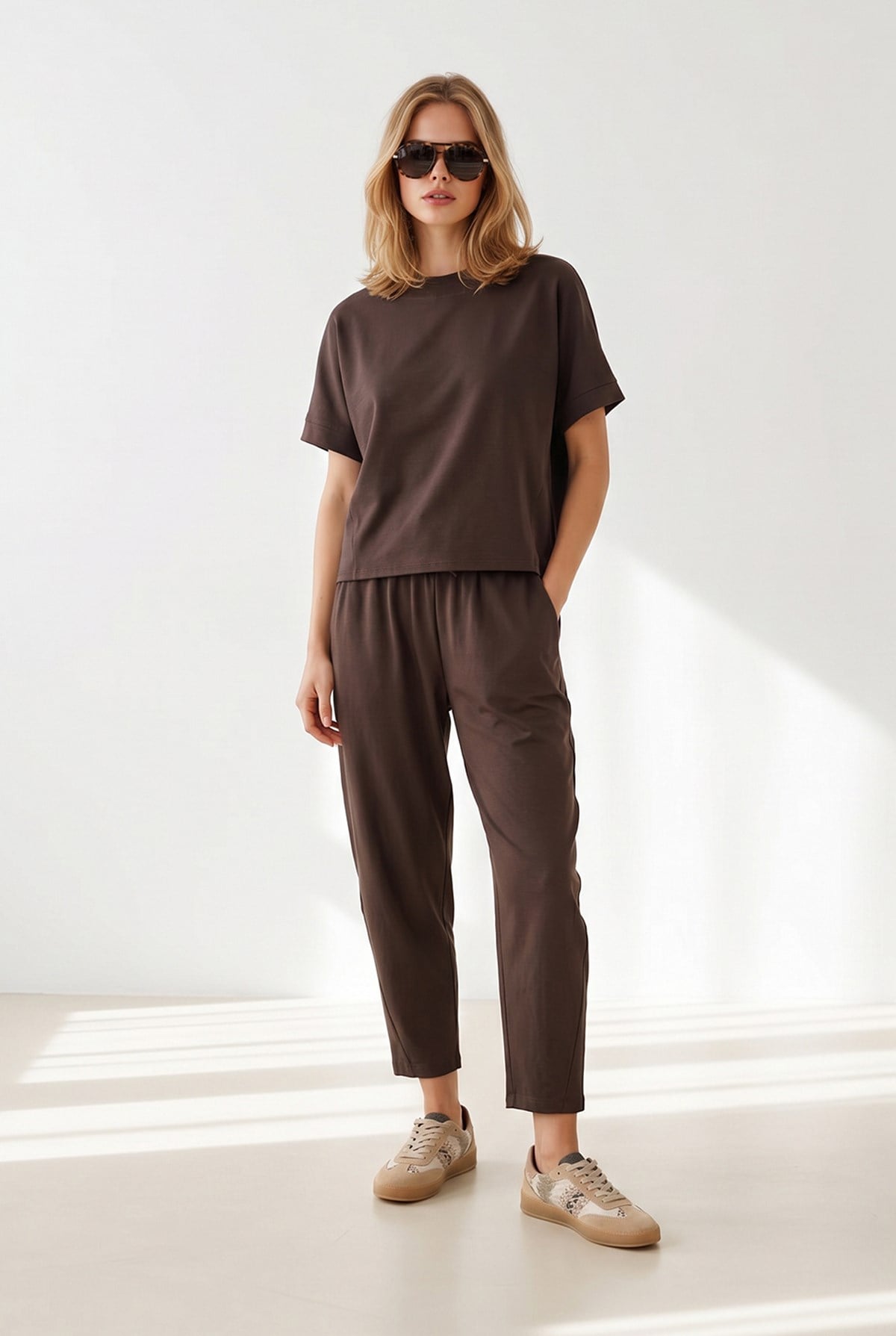 Loose Fit Alt Üst Dokuma Modal Takım Kahverengi
