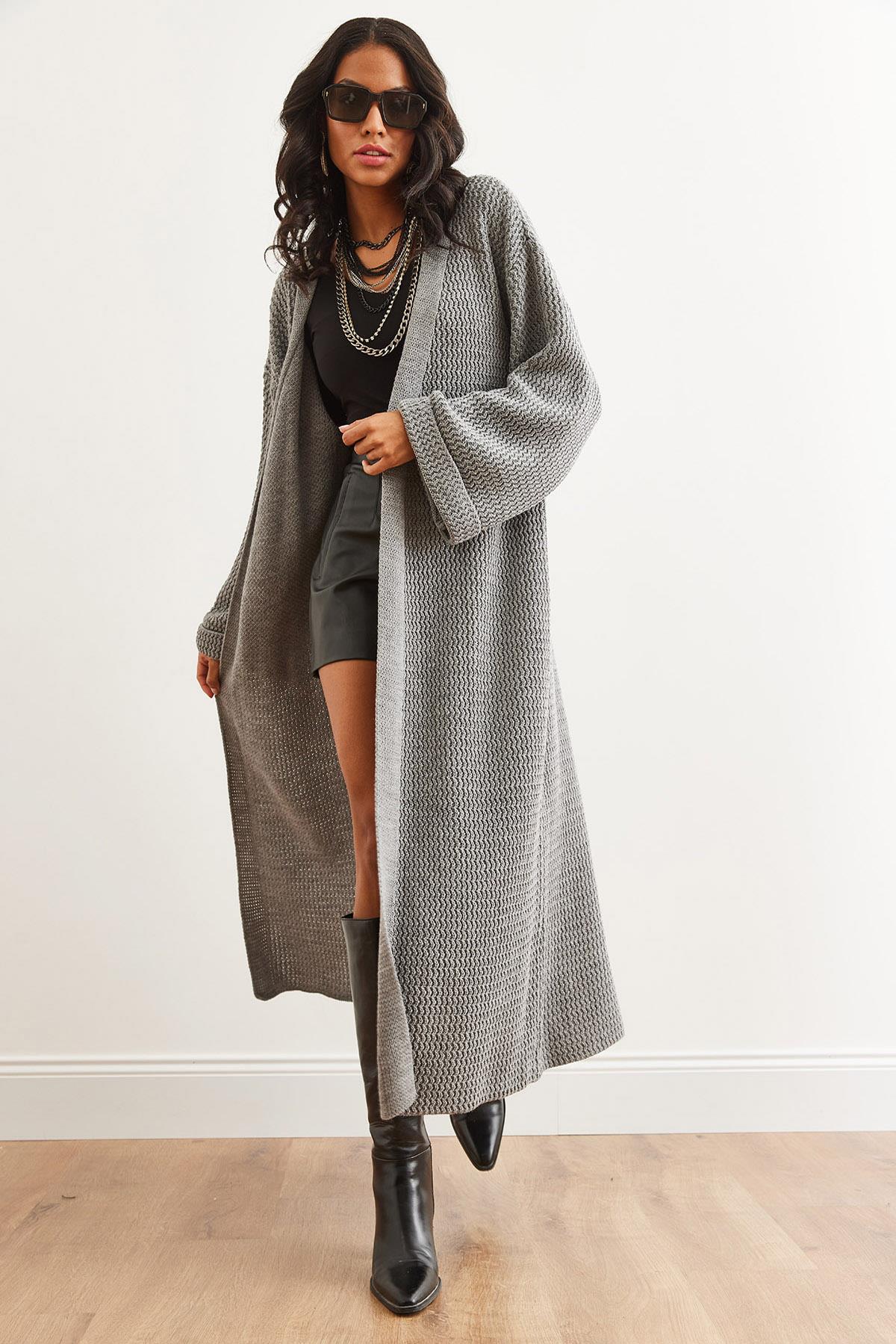 Manşeti Katlamalı Maxi Triko Hırka Gri