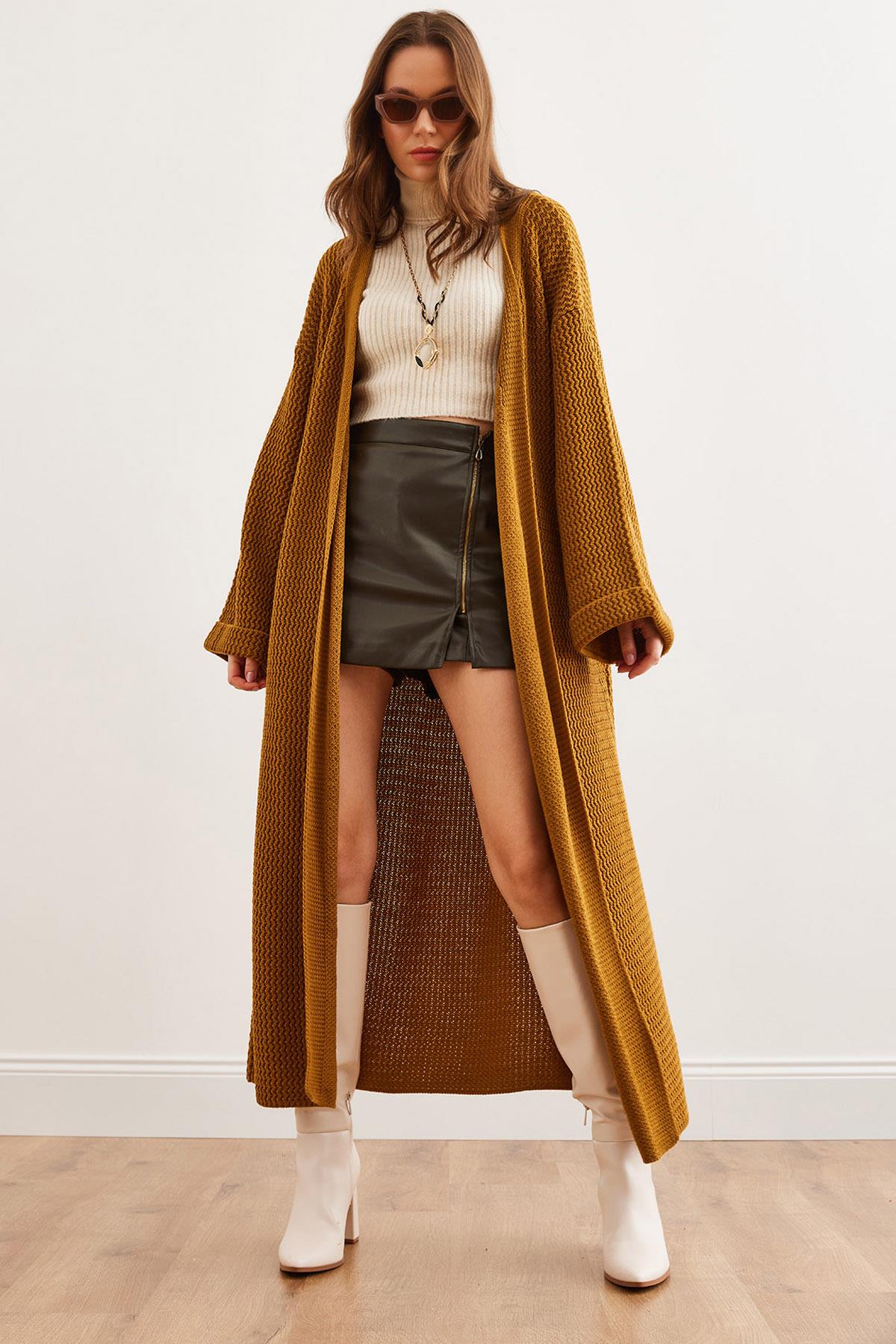 Manşeti Katlamalı Maxi Triko Hırka Hardal