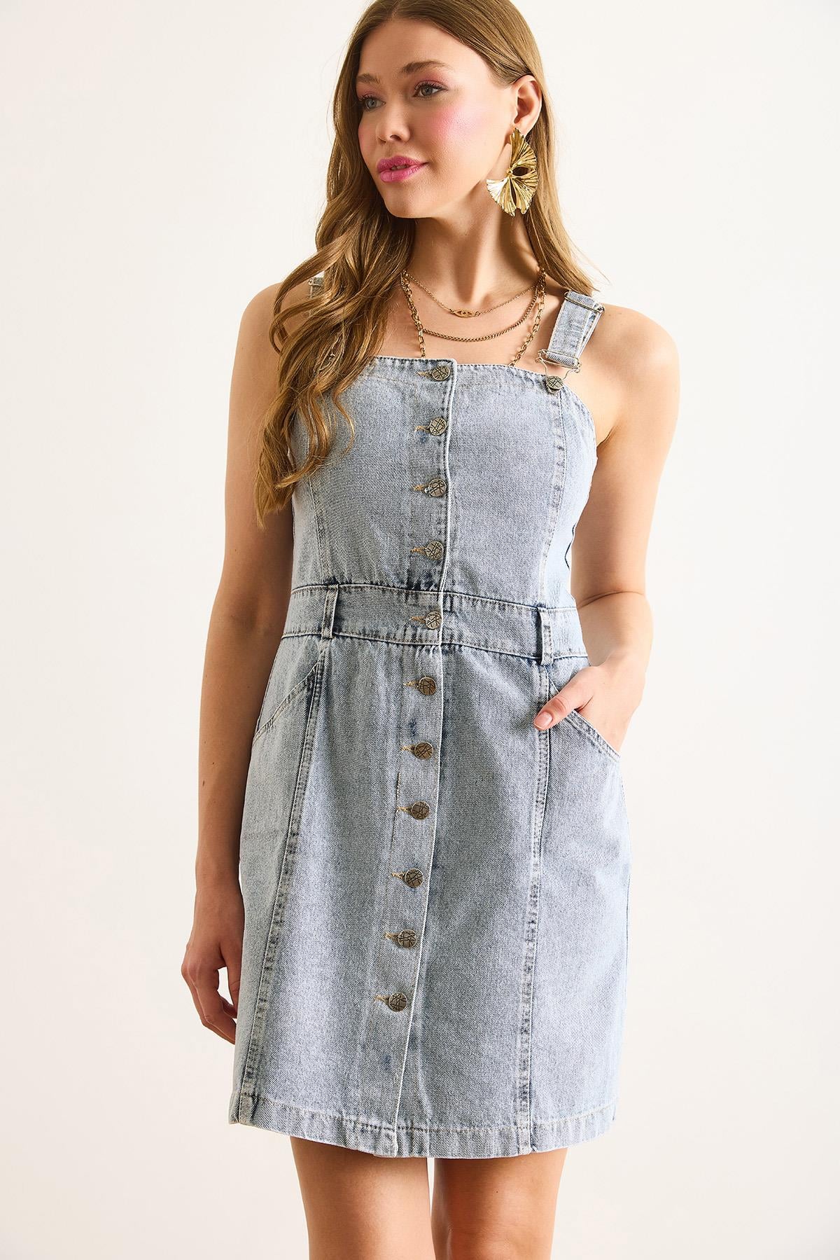 Mini Cepli Denim Salopet Elbise Açık Mavi