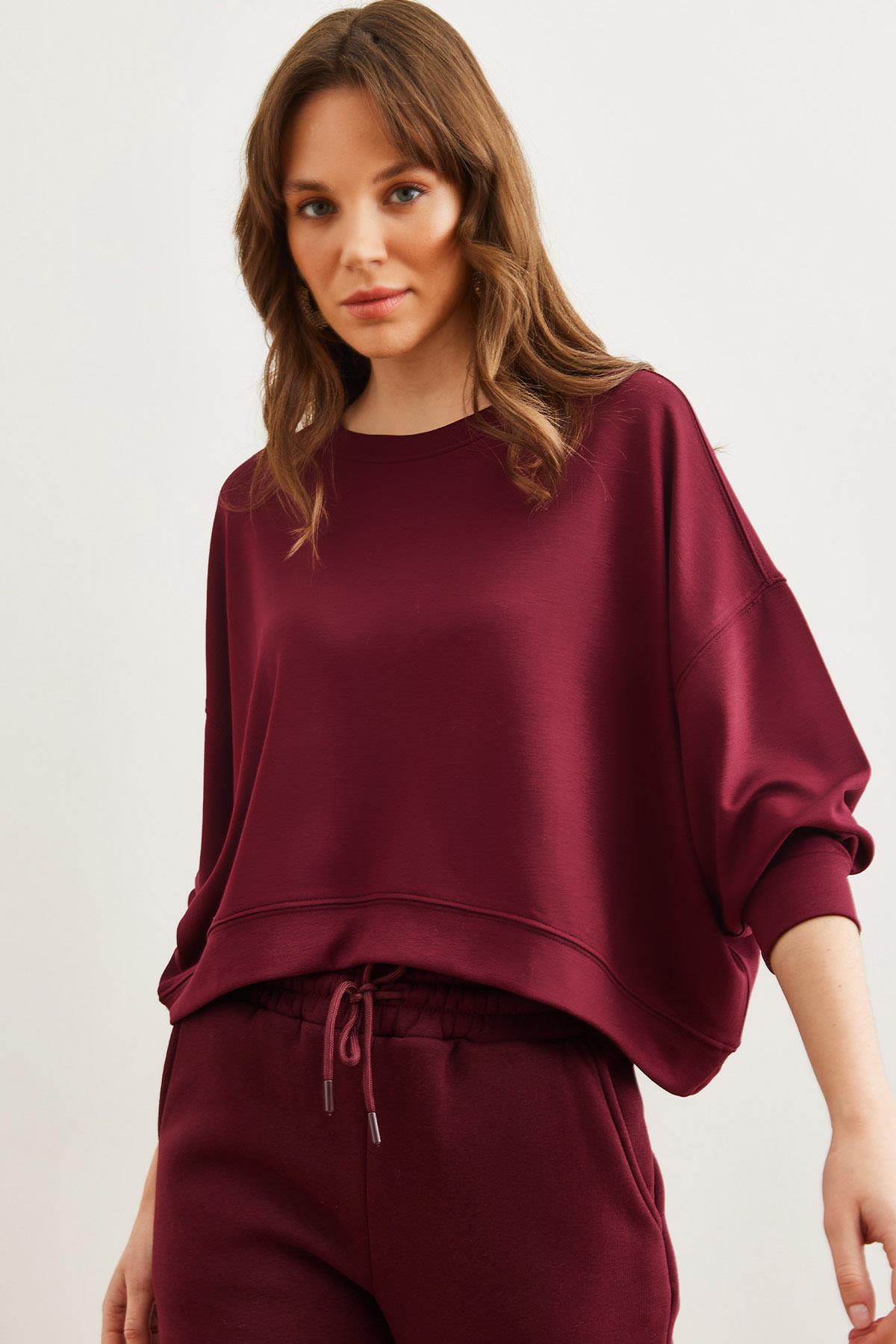 Modal Tuşeli Premium Oversize Dökümlü Sweatshirt Bordo