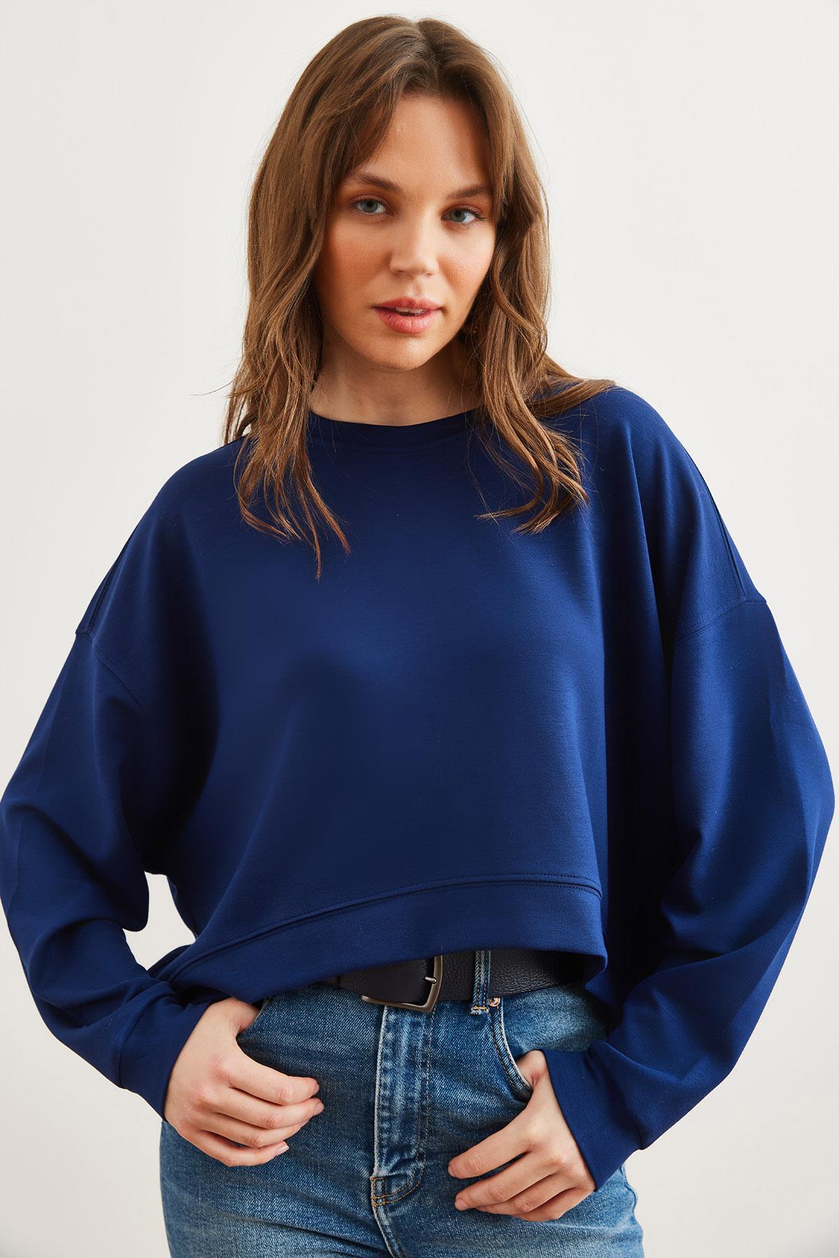Modal Tuşeli Premium Oversize Dökümlü Sweatshirt Lacivert