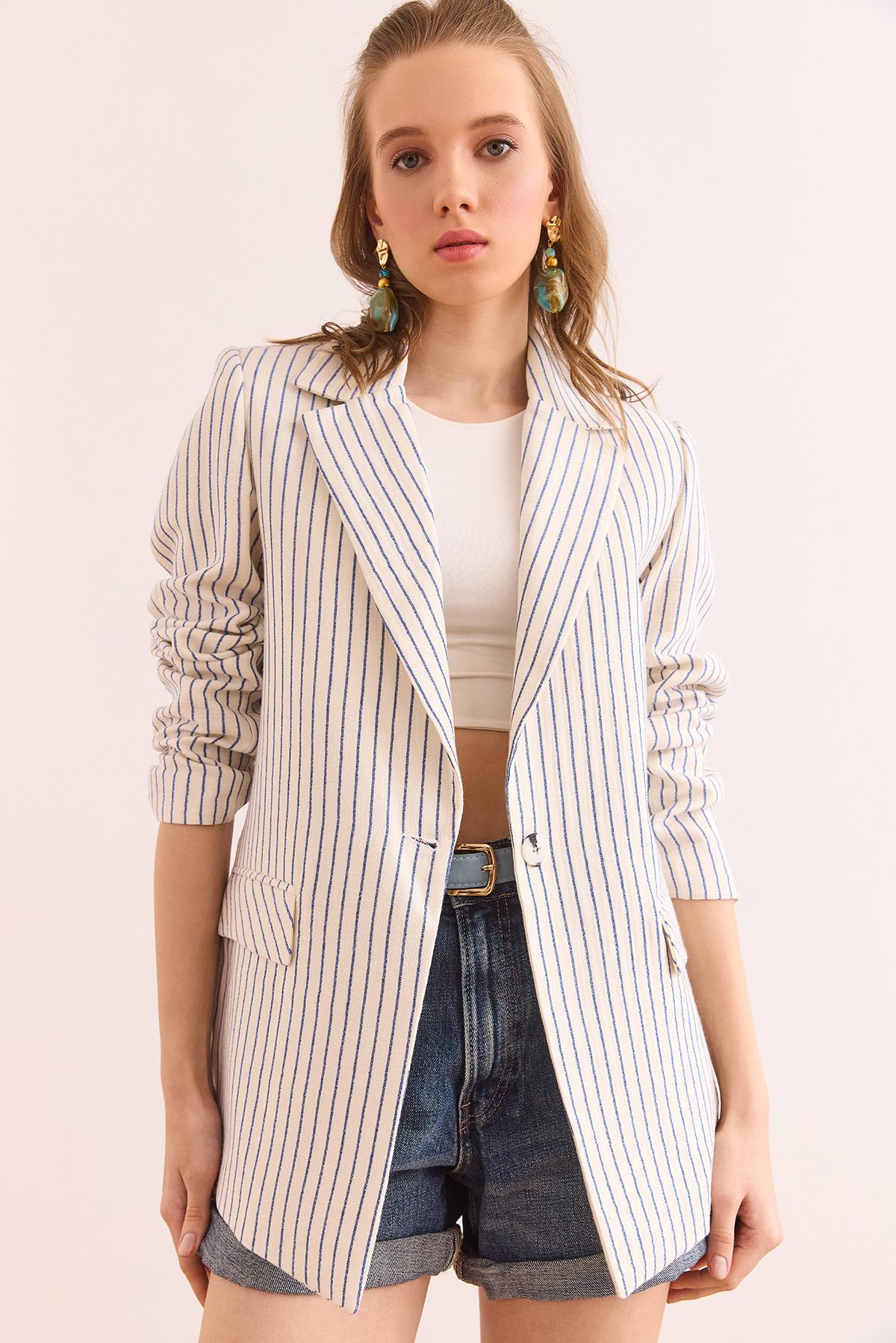 Müslin Çizgili Astarlı Blazer Ceket Mavi