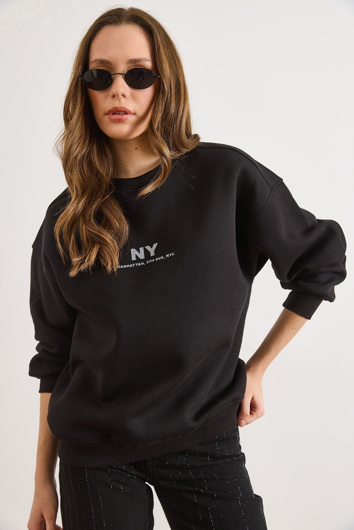 Ny Şardonlu Oversize Sweatshirt Siyah