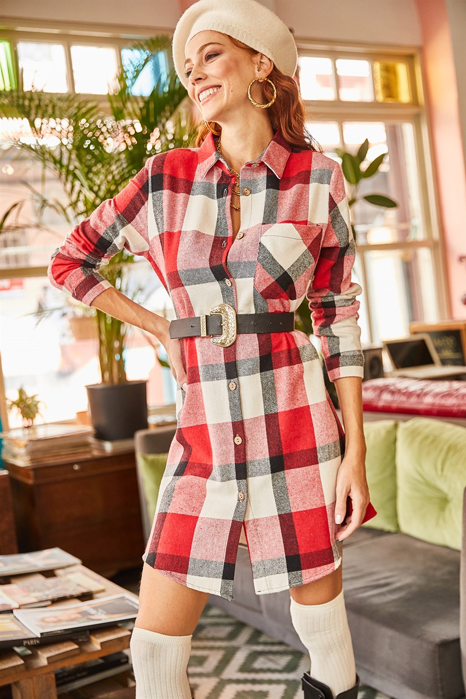 Oduncu Kalın Ekose Tunik Elbise Kırmızı Ekru