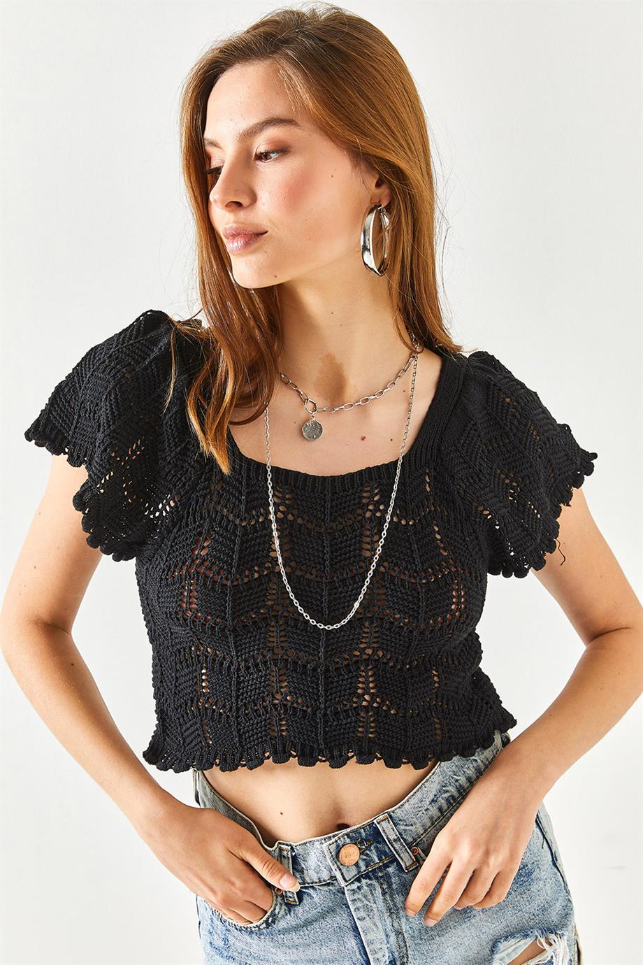 Omuz Detaylı Ajurlu Crop Triko Bluz Siyah