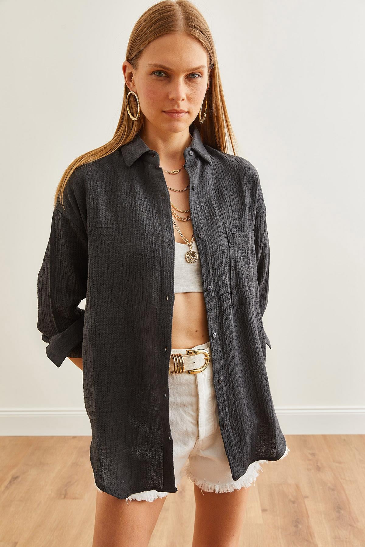 Oversize Basic Müslin Gömlek Antrasit