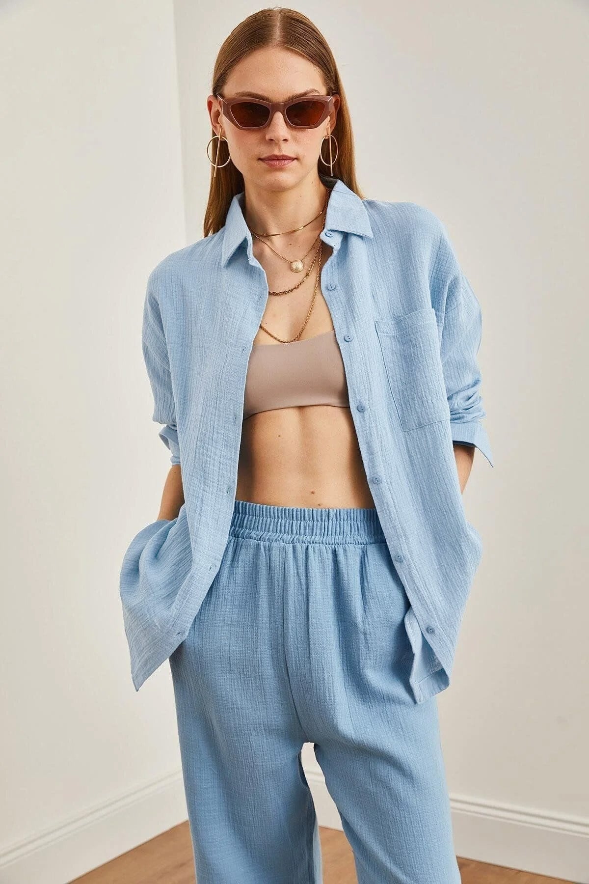Oversize Basic Müslin Gömlek Bebe Mavi