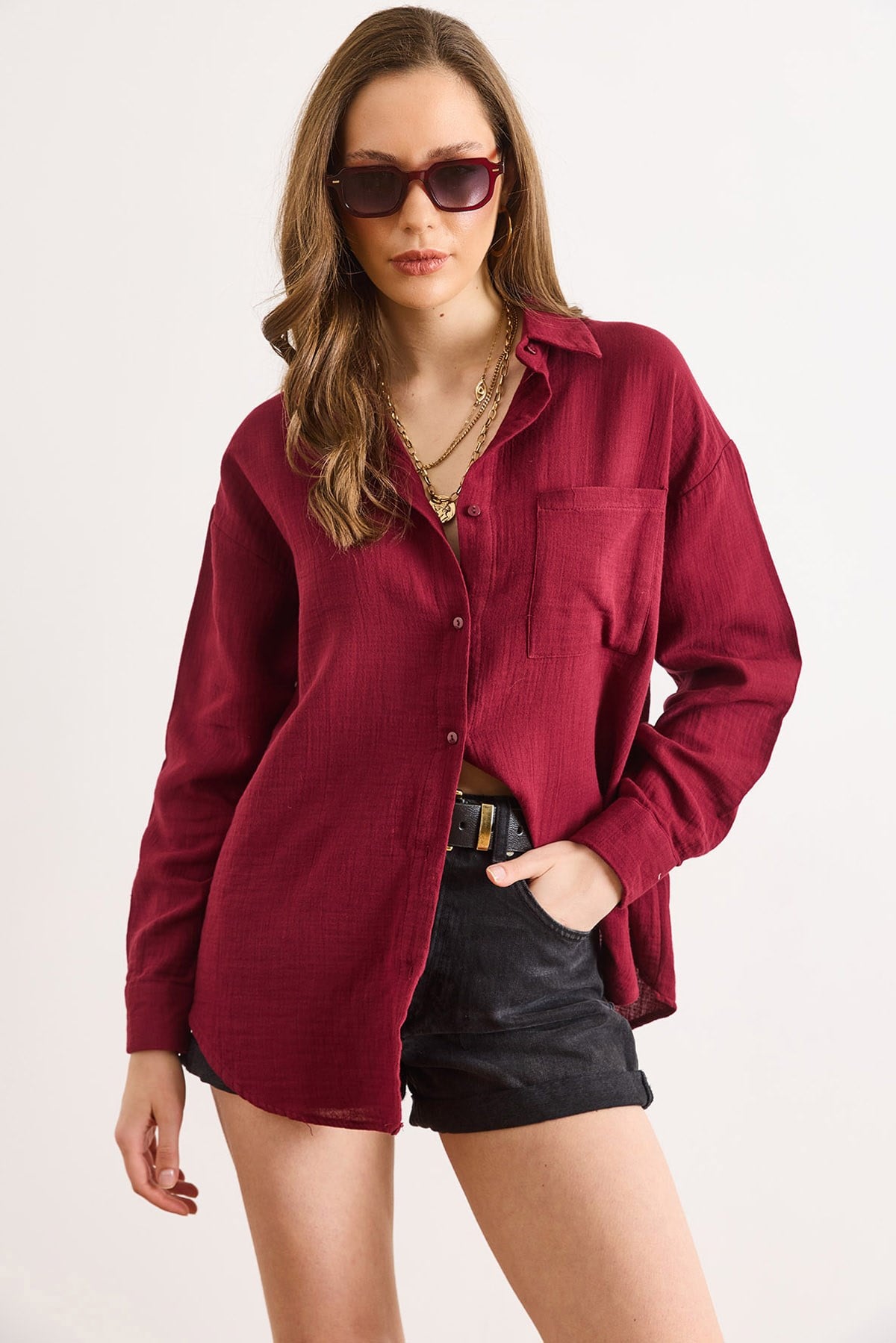 Oversize Basic Müslin Gömlek Bordo