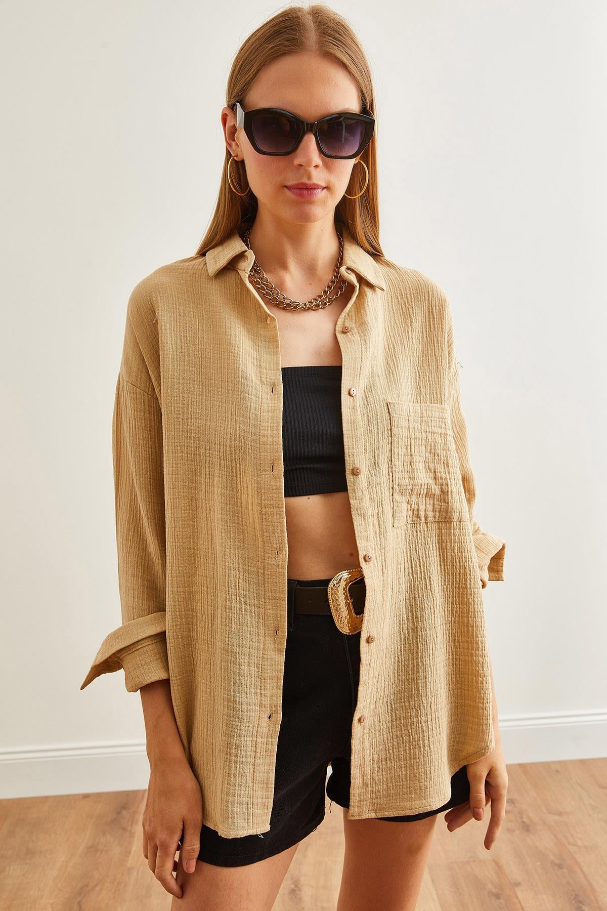 Oversize Basic Müslin Gömlek Camel