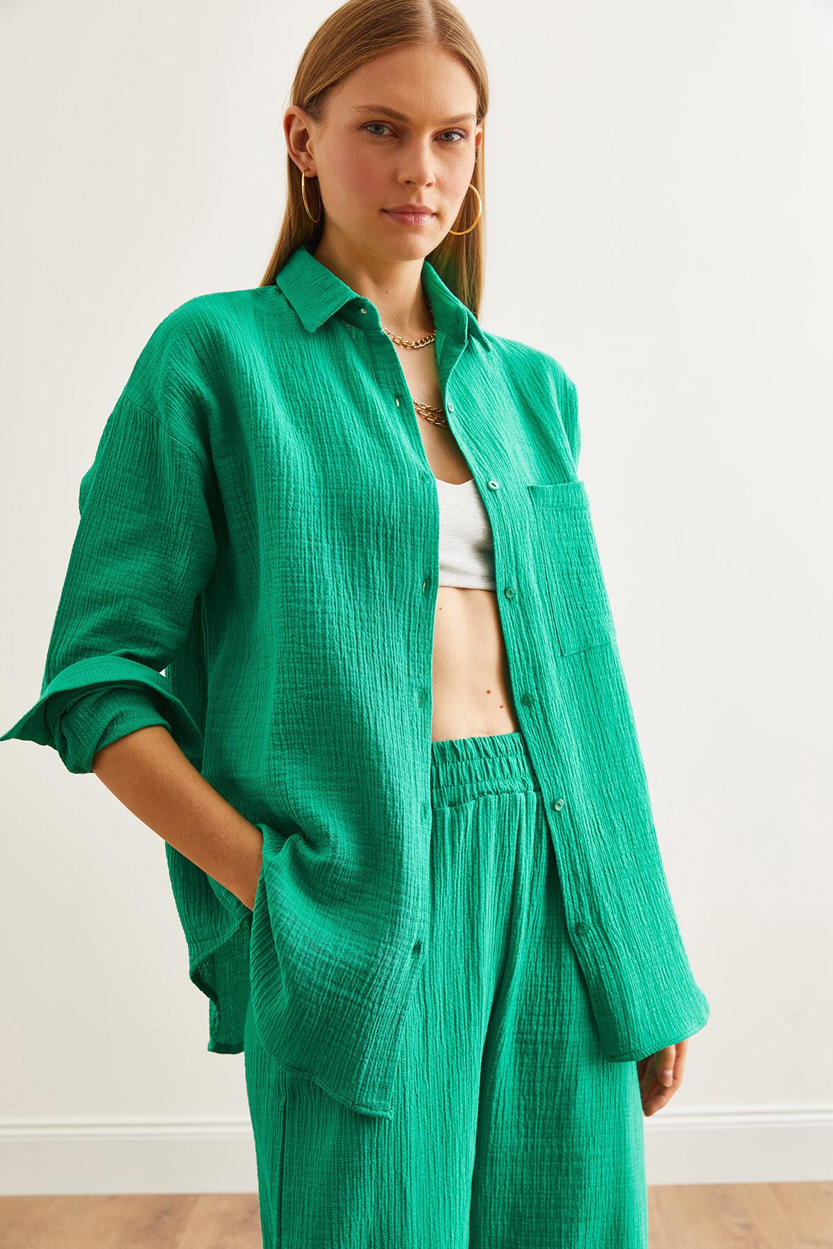 Oversize Basic Müslin Gömlek Çimen Yeşili