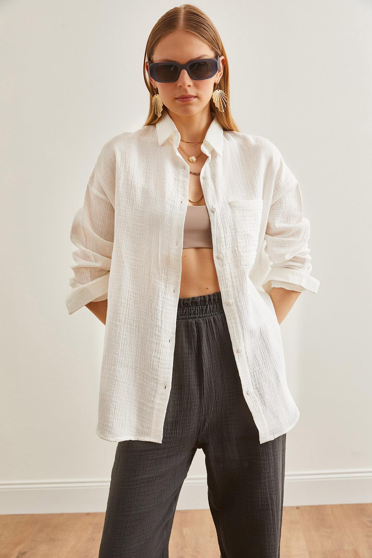 Oversize Basic Müslin Gömlek Ekru