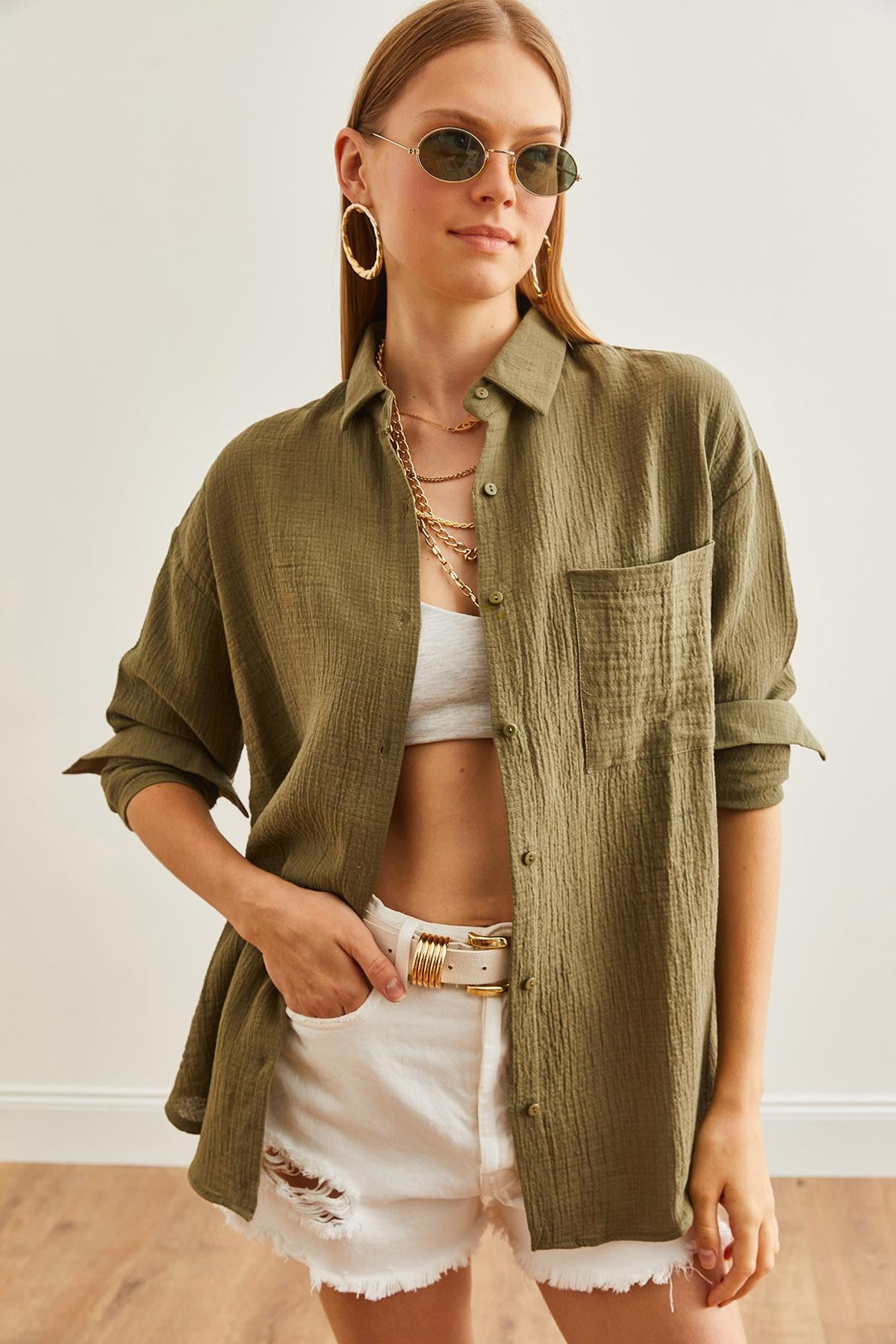 Oversize Basic Müslin Gömlek Haki