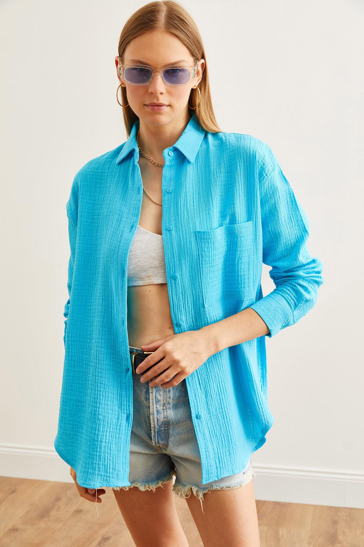 Oversize Basic Müslin Gömlek Mavi