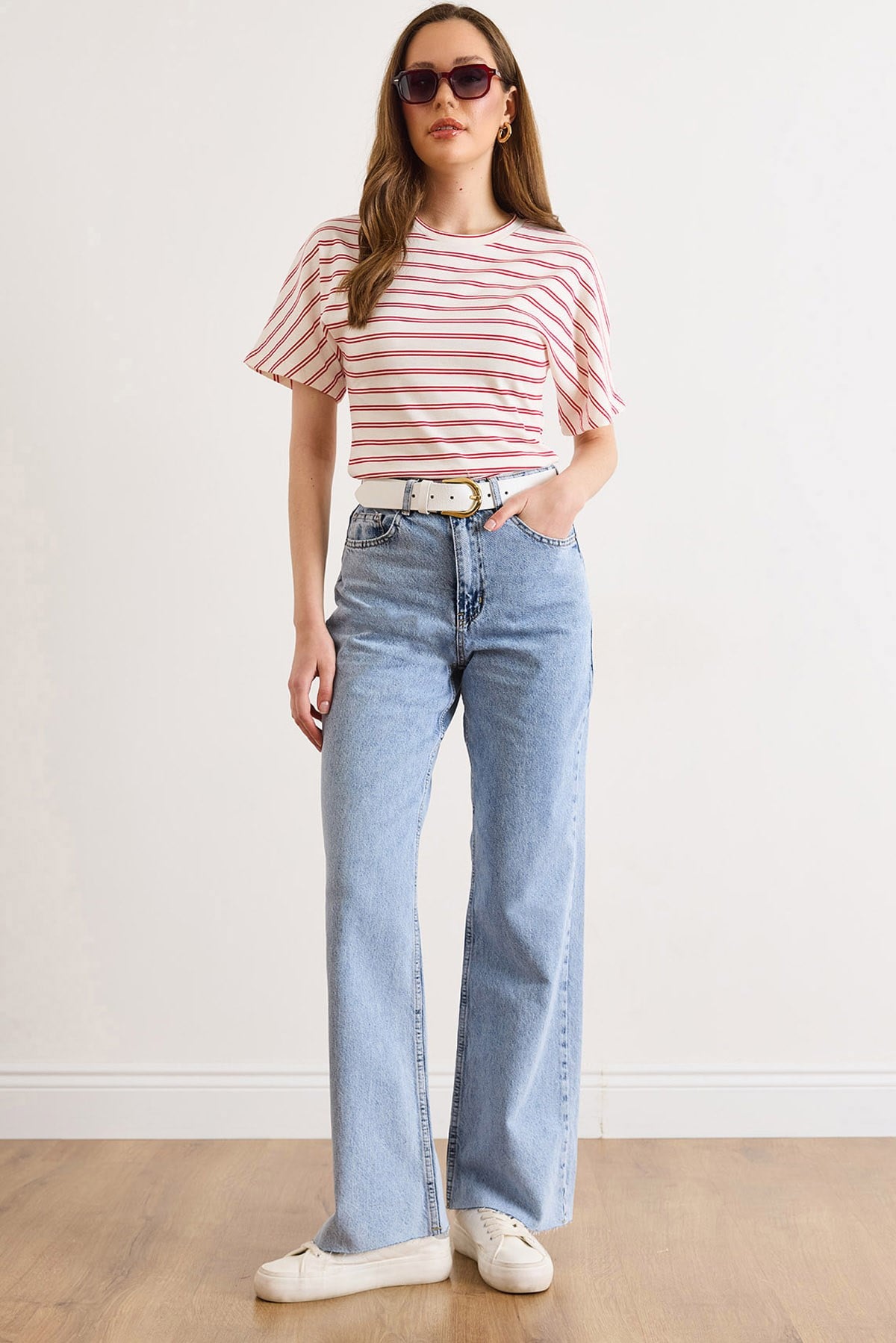 Paçası Pis Dikiş Wide Leg Denim Jeans Açık Mavi