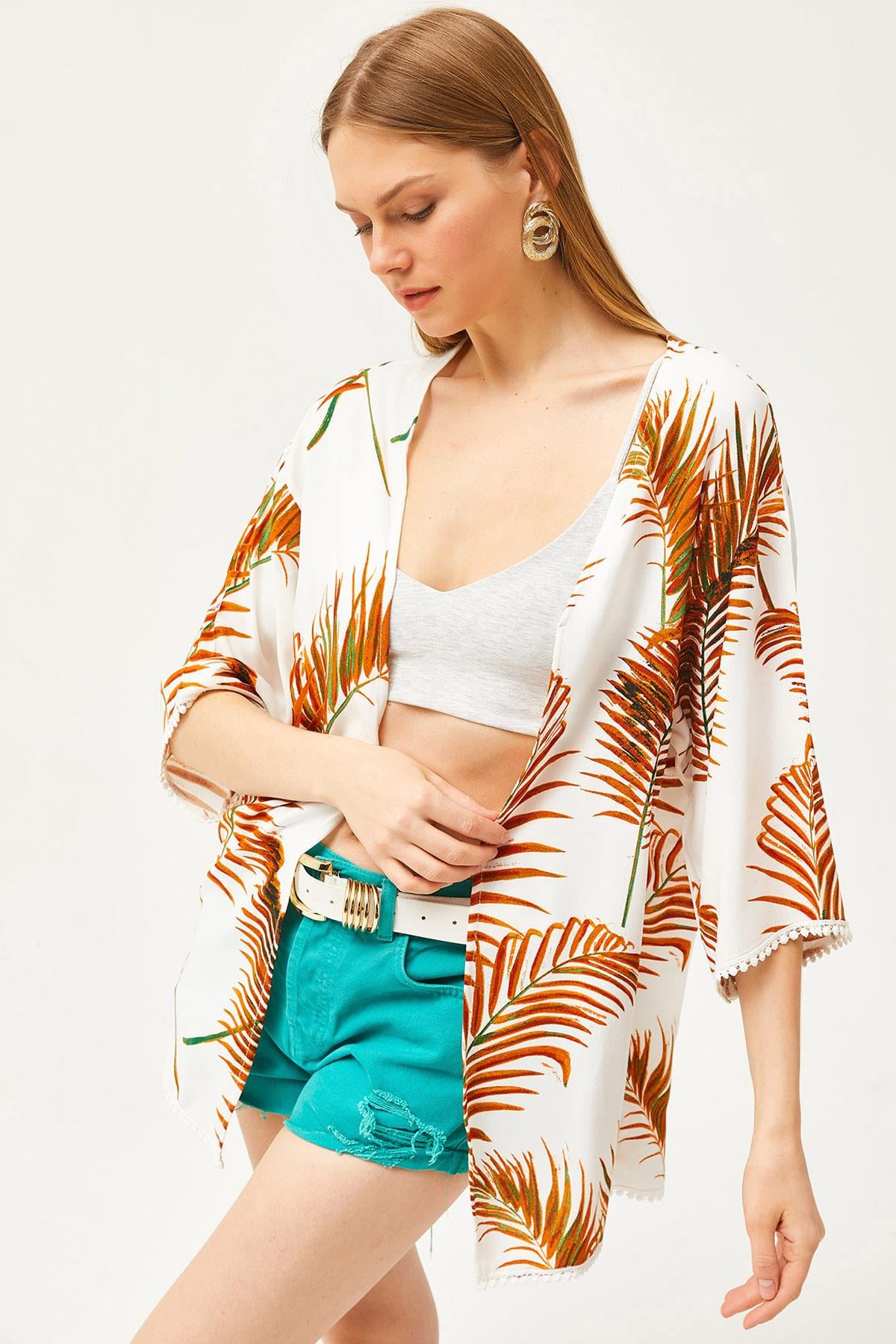 Palmiye Güpür Detaylı Viskon Kimono Taba