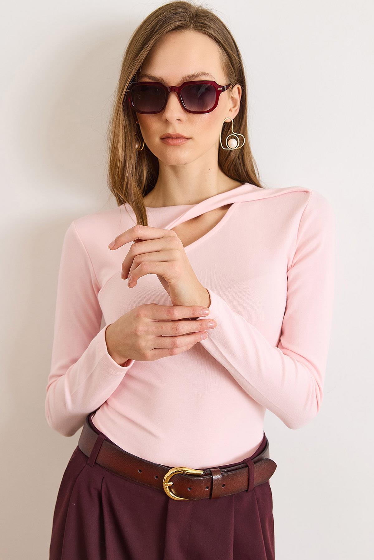 Pamuk Modal Damla Dekolteli Esnek Bluz Pembe