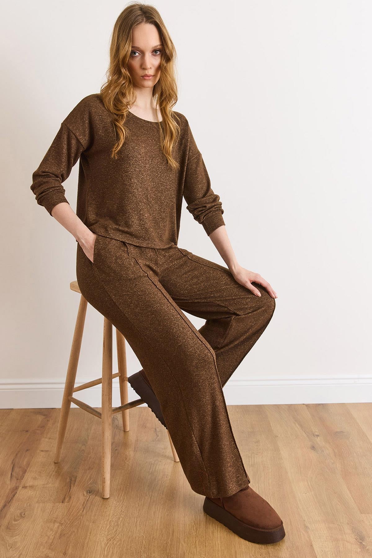 Pantolon Bluz Loose Fit Yumoş Takım Kahverengi