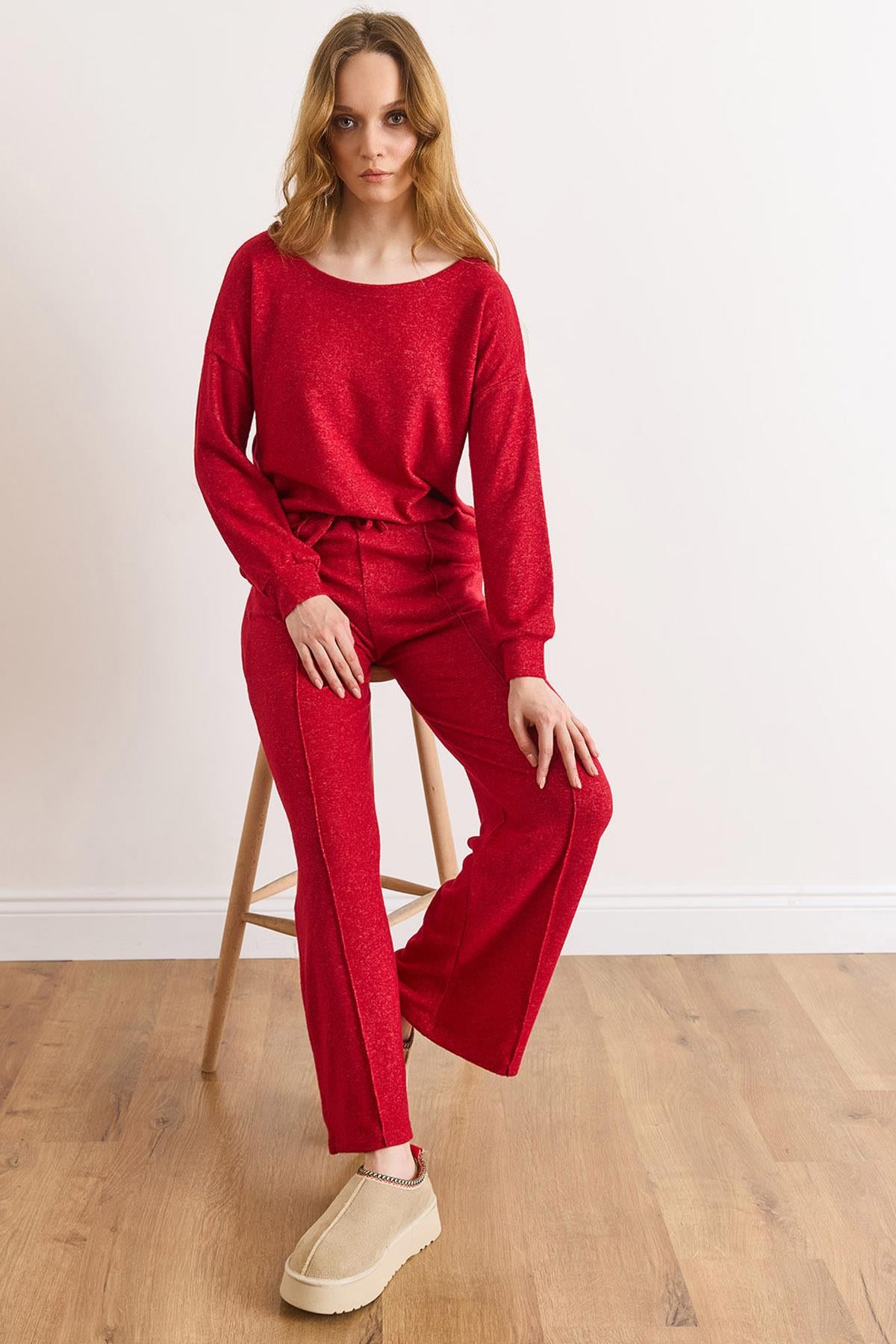 Pantolon Bluz Loose Fit Yumoş Takım Koyu Kırmızı