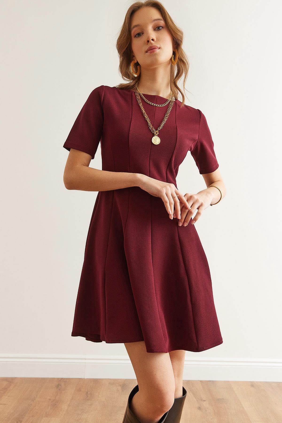 Parçalı Trend Mini Kloş Elbise Bordo