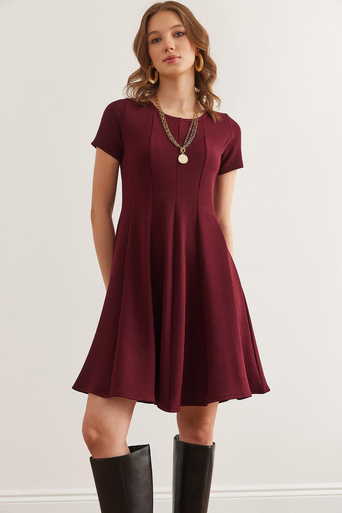 Parçalı Trend Mini Kloş Elbise Bordo