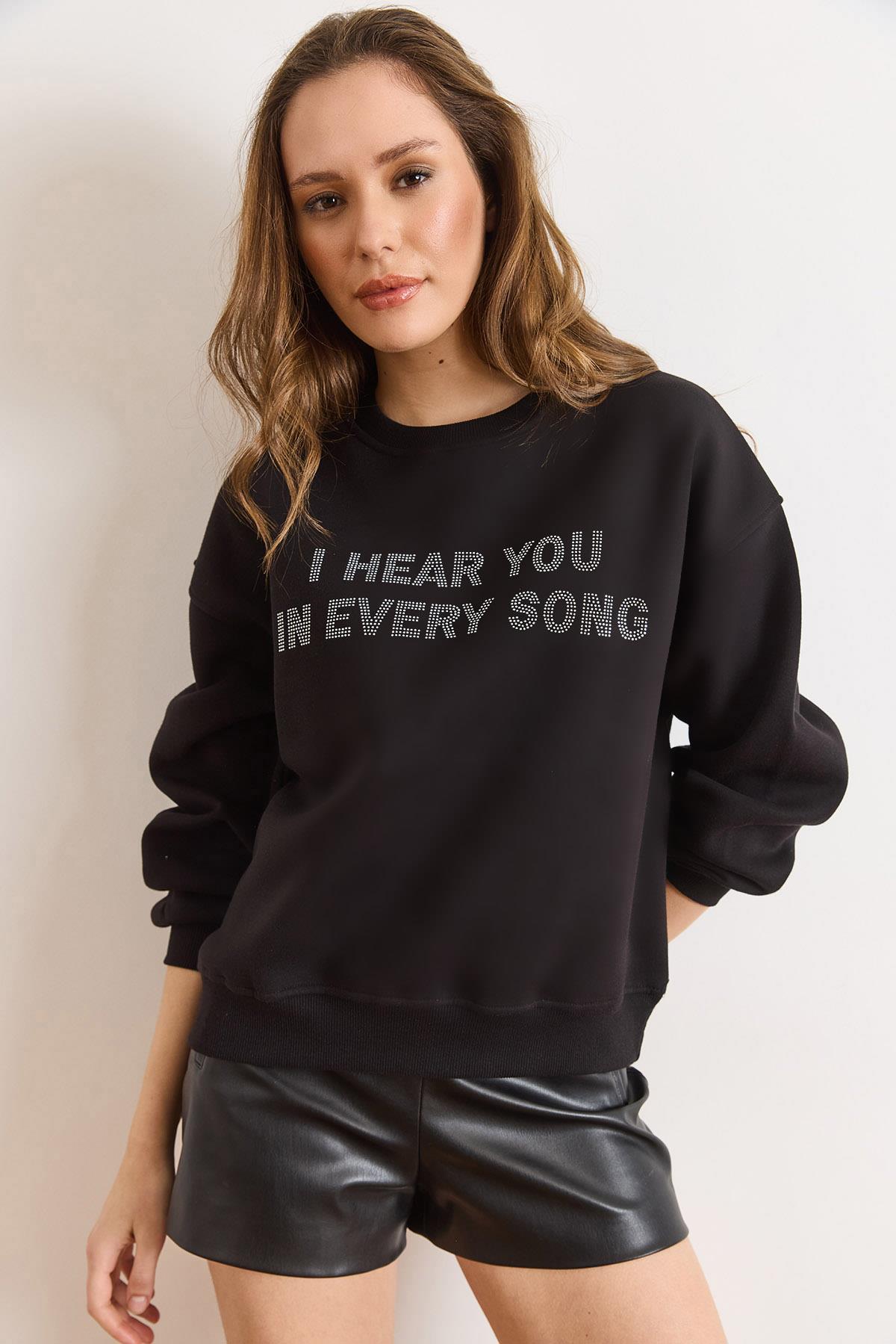 Payet Detaylı Şardonlu Kalın Sweatshirt Siyah