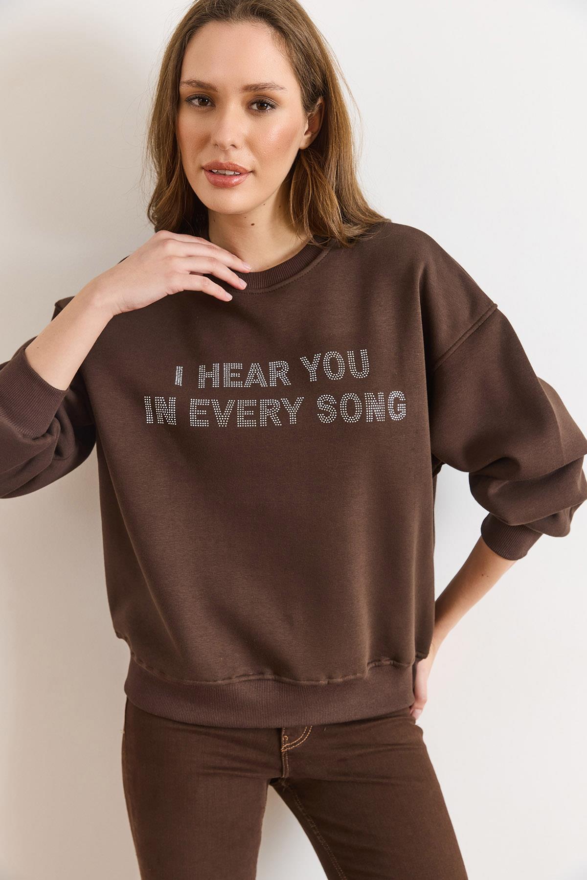 Payet Detaylı Şardonlu Kalın Sweatshirt Kahverengi