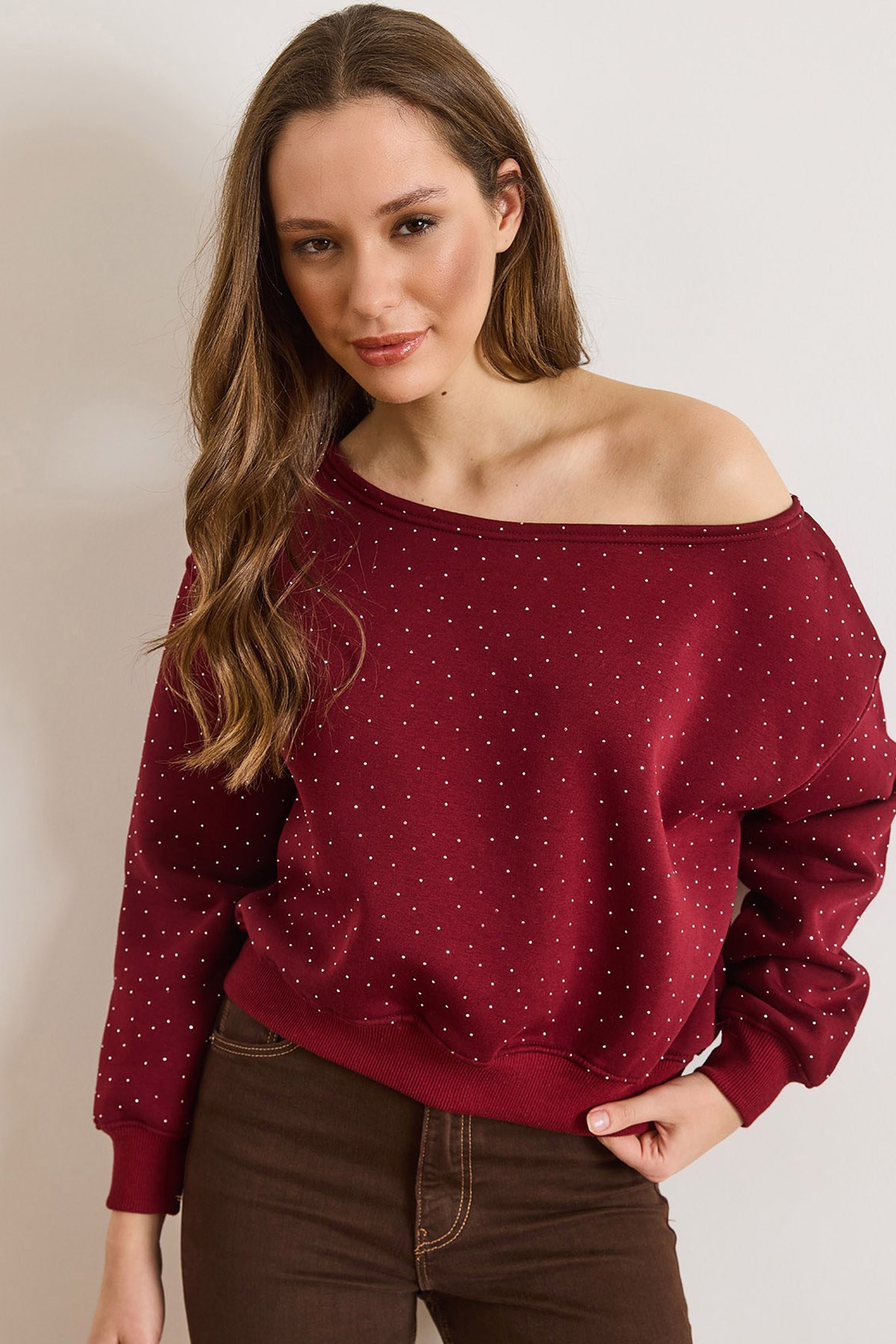Payetli Kayık Yaka Şardonlu Sweatshirt Bordo